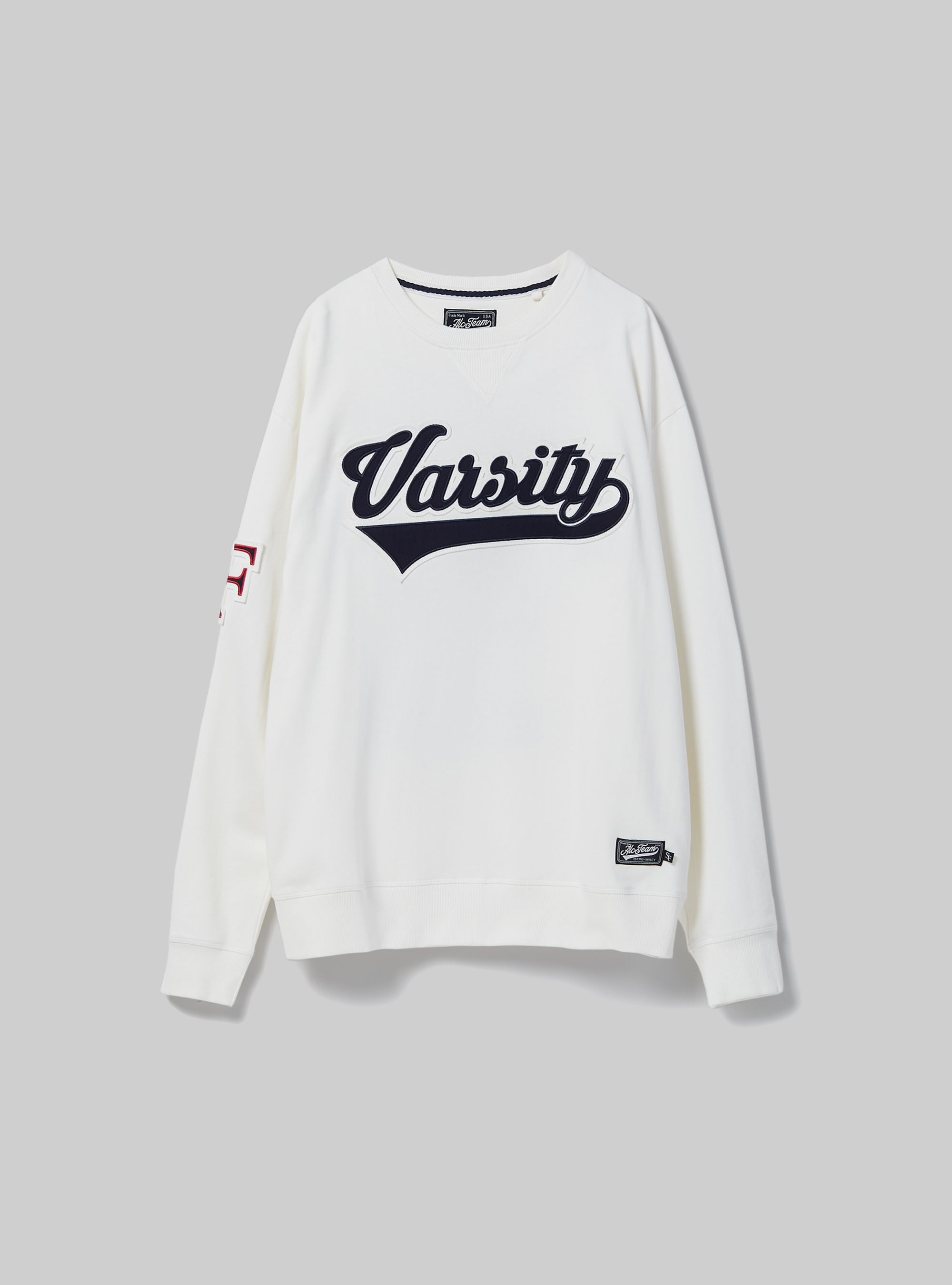 Round-neck college sweatshirt with cotton patch, C0020 OFF WHITE