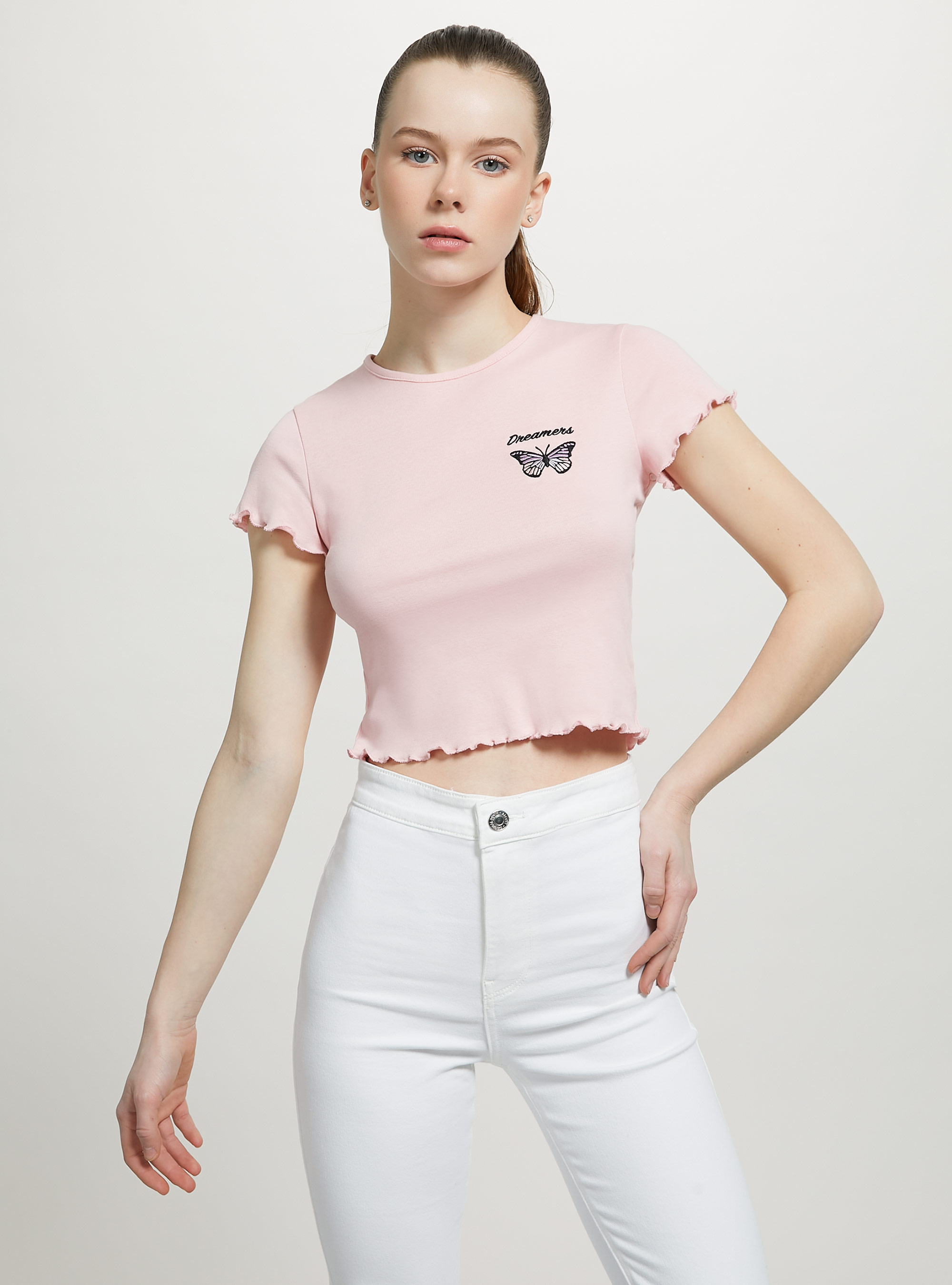 T-shirt en coton avec broderie, C4400 PINK