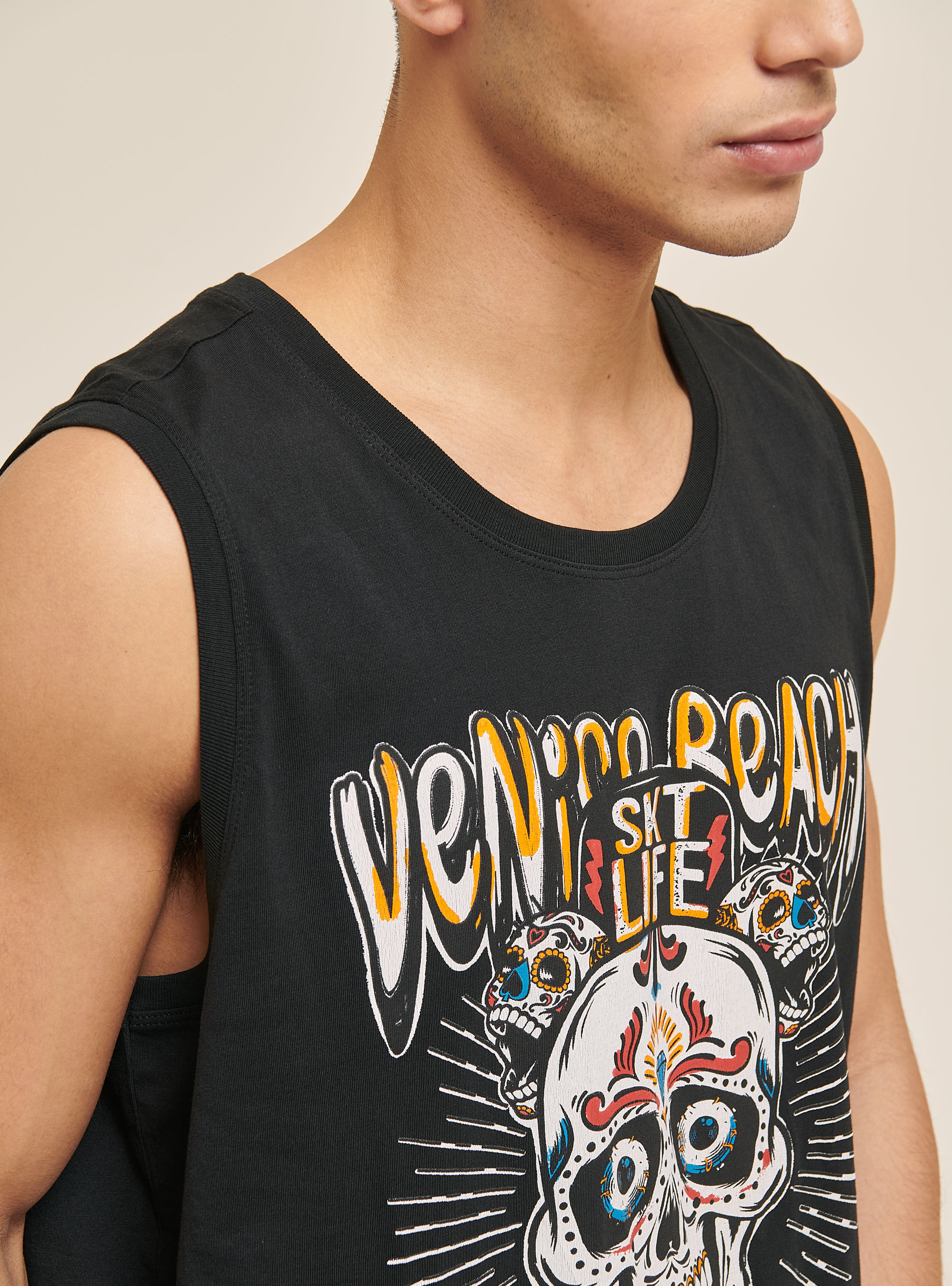 Cotton skull print tank top, BLACK