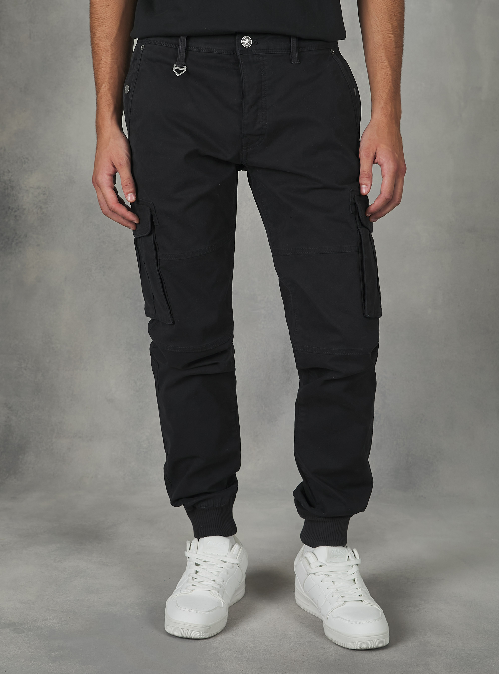 Pantaloni cargo in cotone con elastico, BK1 BLACK