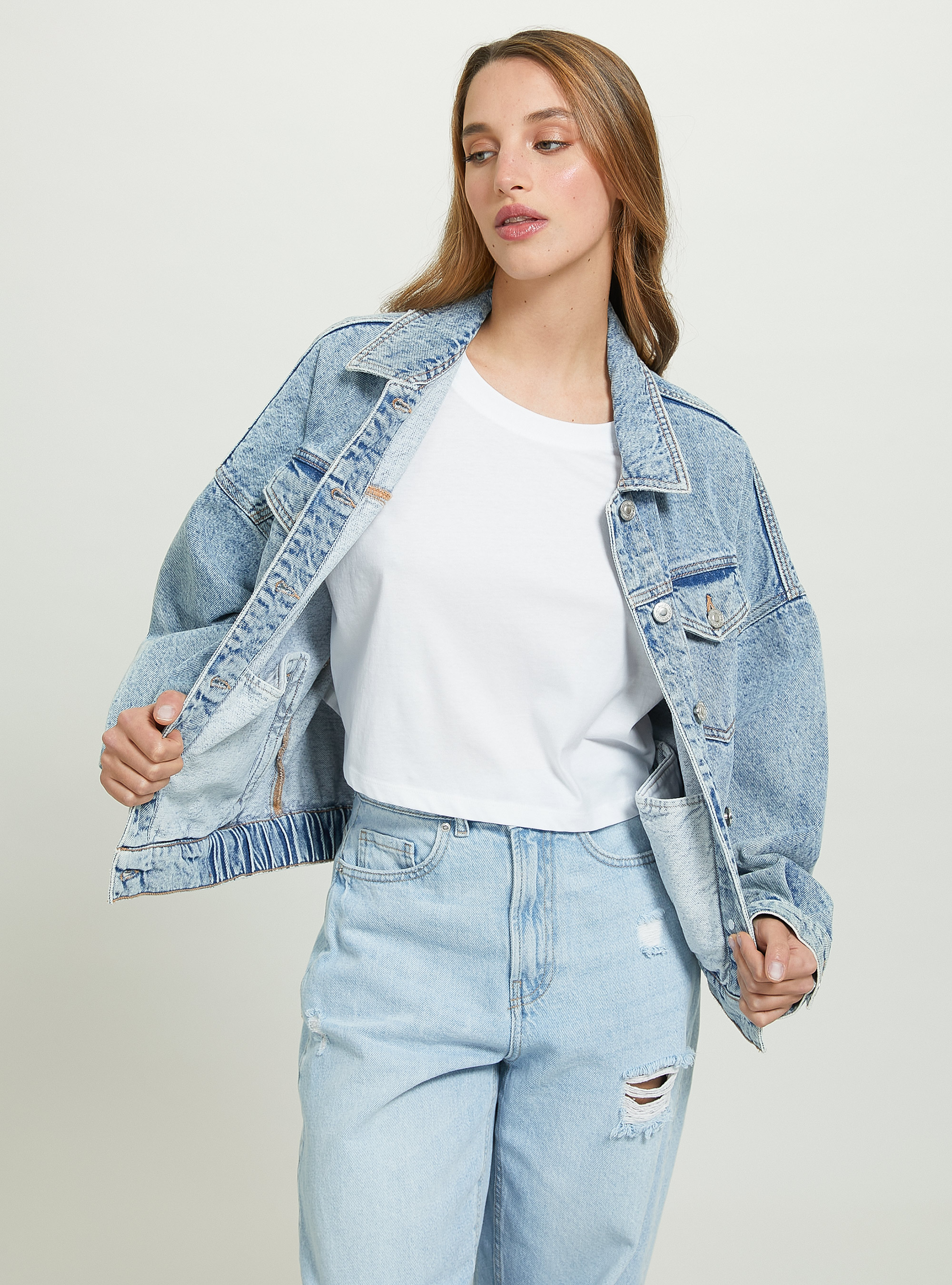 Giubbotto denim con elastico in vita, D006 AZURE