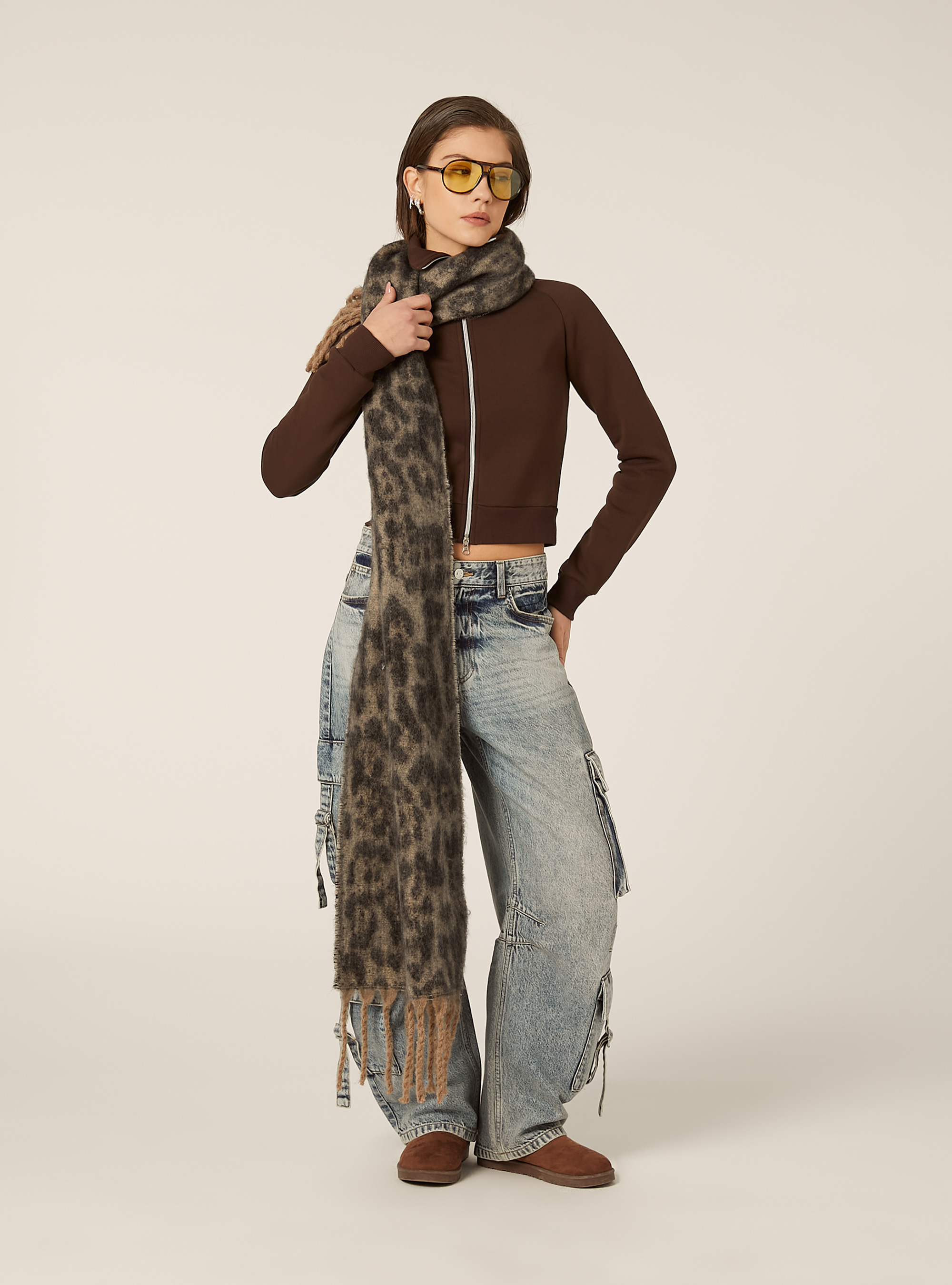 Sudadera con cremallera y cuello con solapa, BR1 BROWN DARK