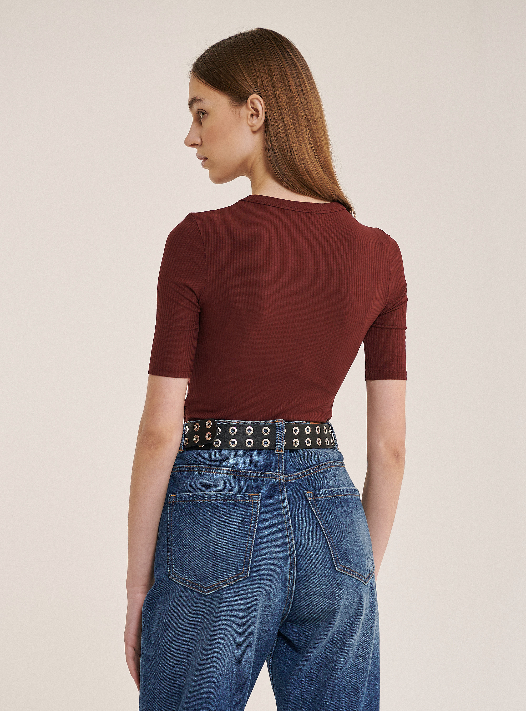Ribbed half sleeve body in cotton, BORDEAUX