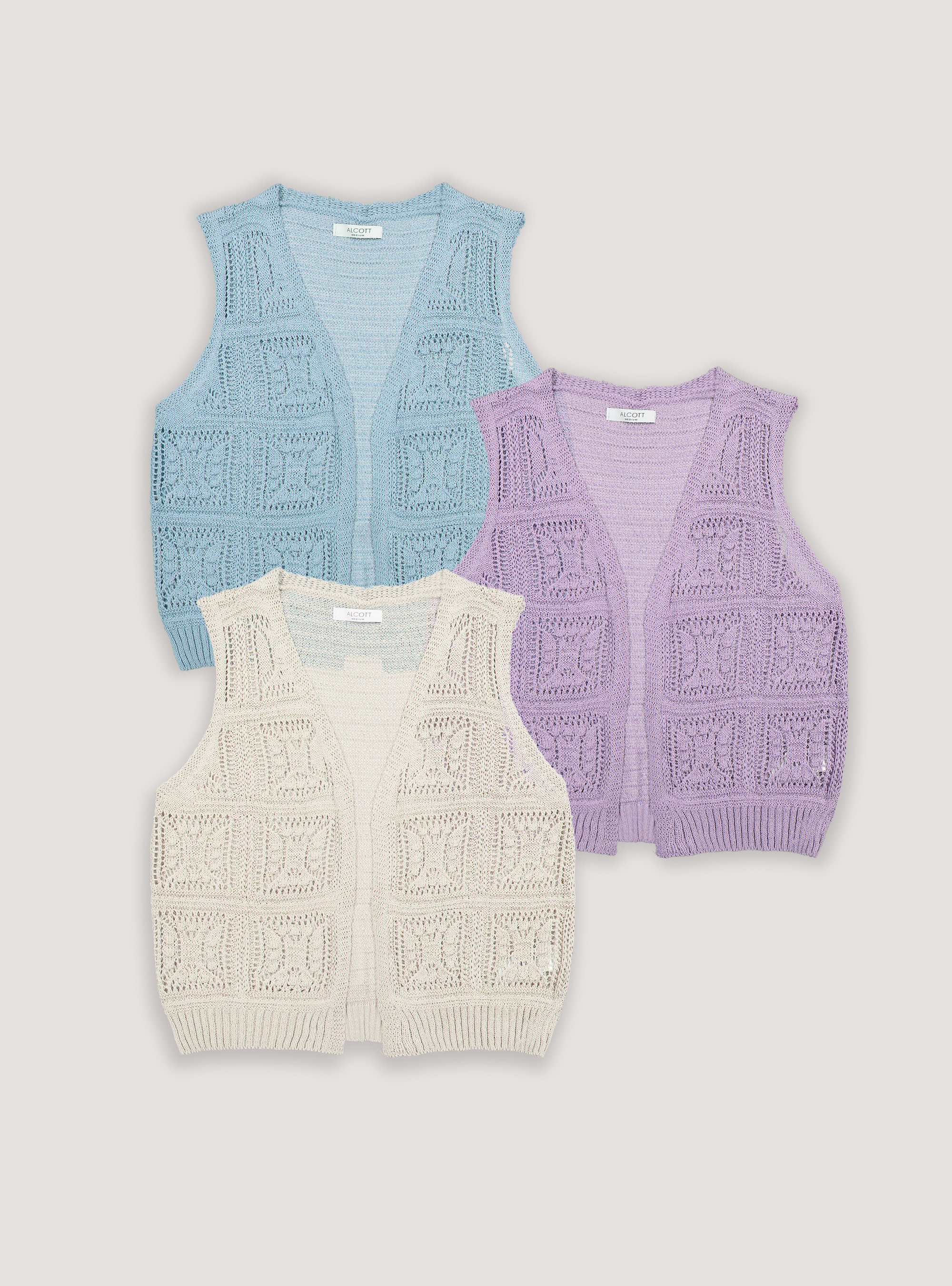 Sleeveless open crochet cardigan, LC1 DARK LILLAC