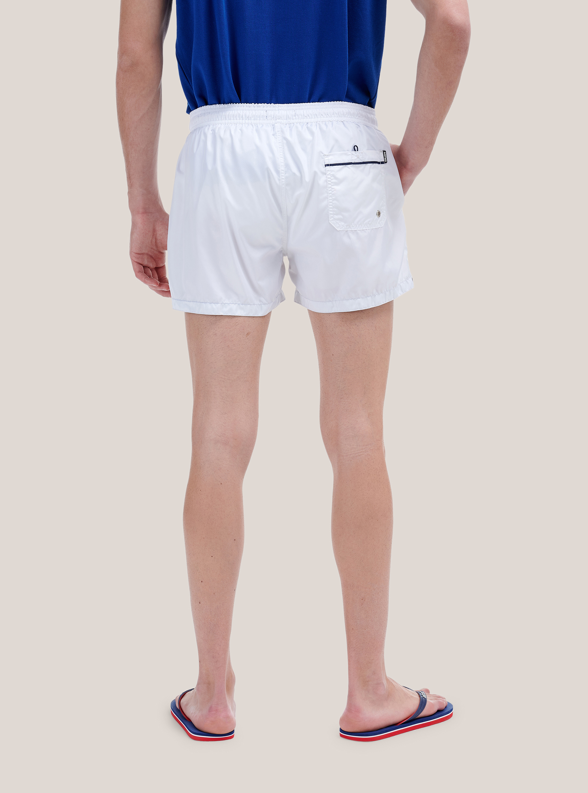 Color solid swimsuit with front embroidery and back pocket., WHITE