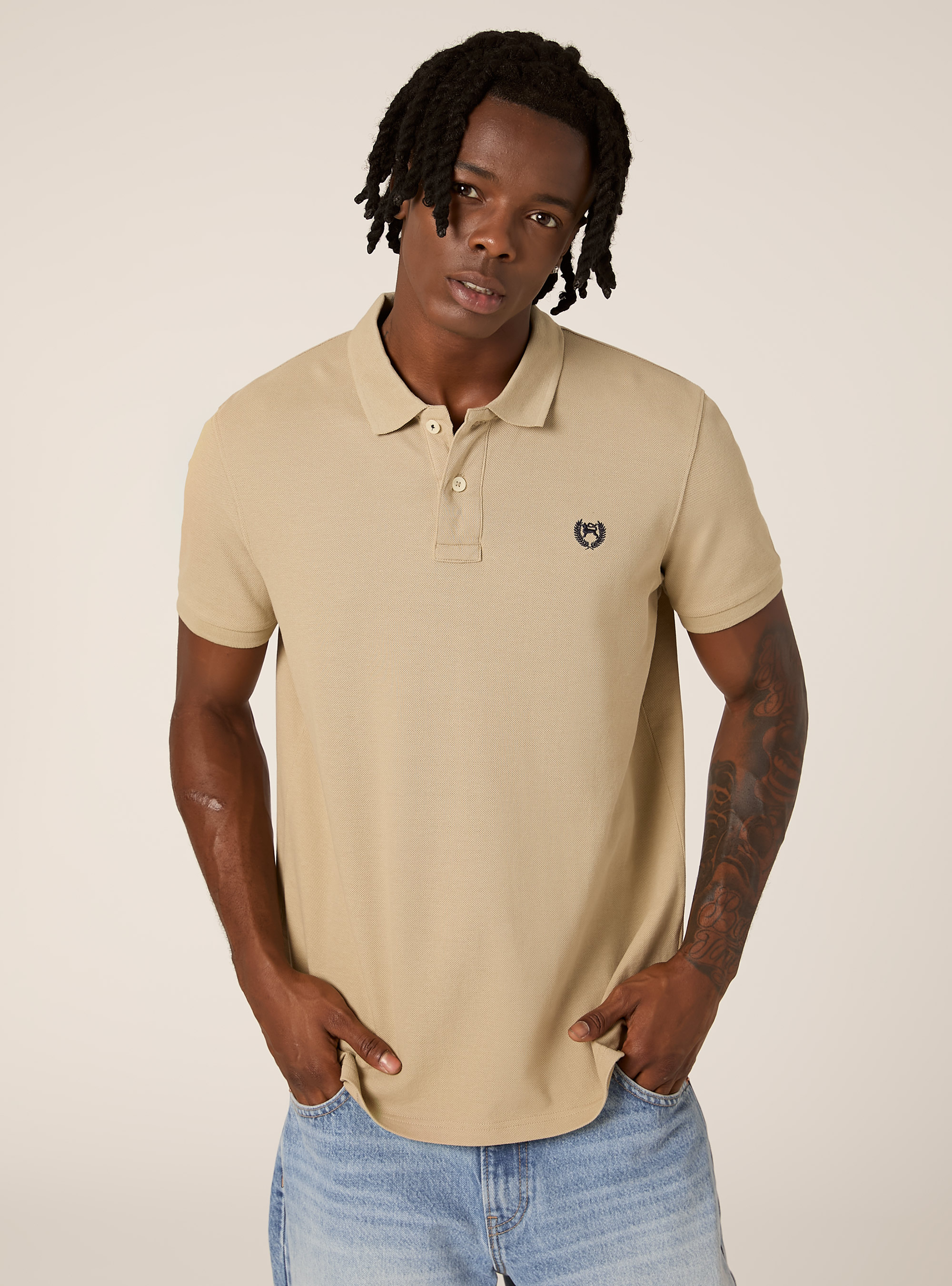 Cotton piqu&eacute; polo shirt with embroidery, BG2 BEIGE MEDIUM