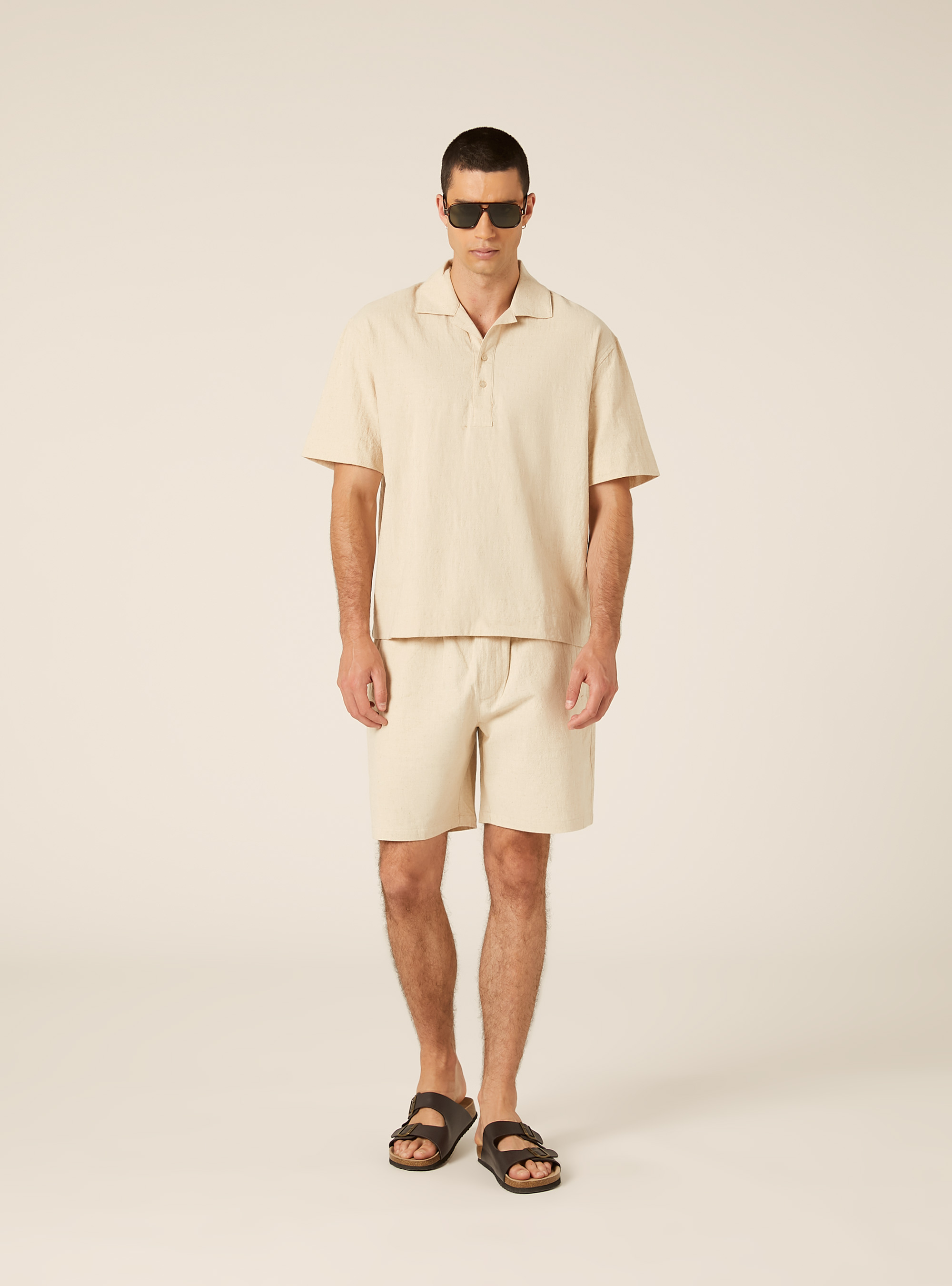 Polo Camisero de Mezcla de Lino, MBG2 BEIGE MEL MED