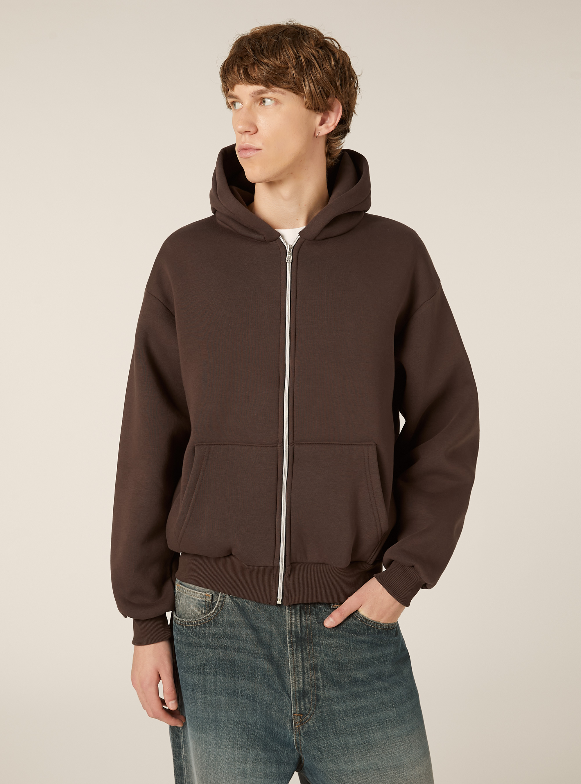 Boxy fit zip-up hoodie, BR1 BROWN DARK
