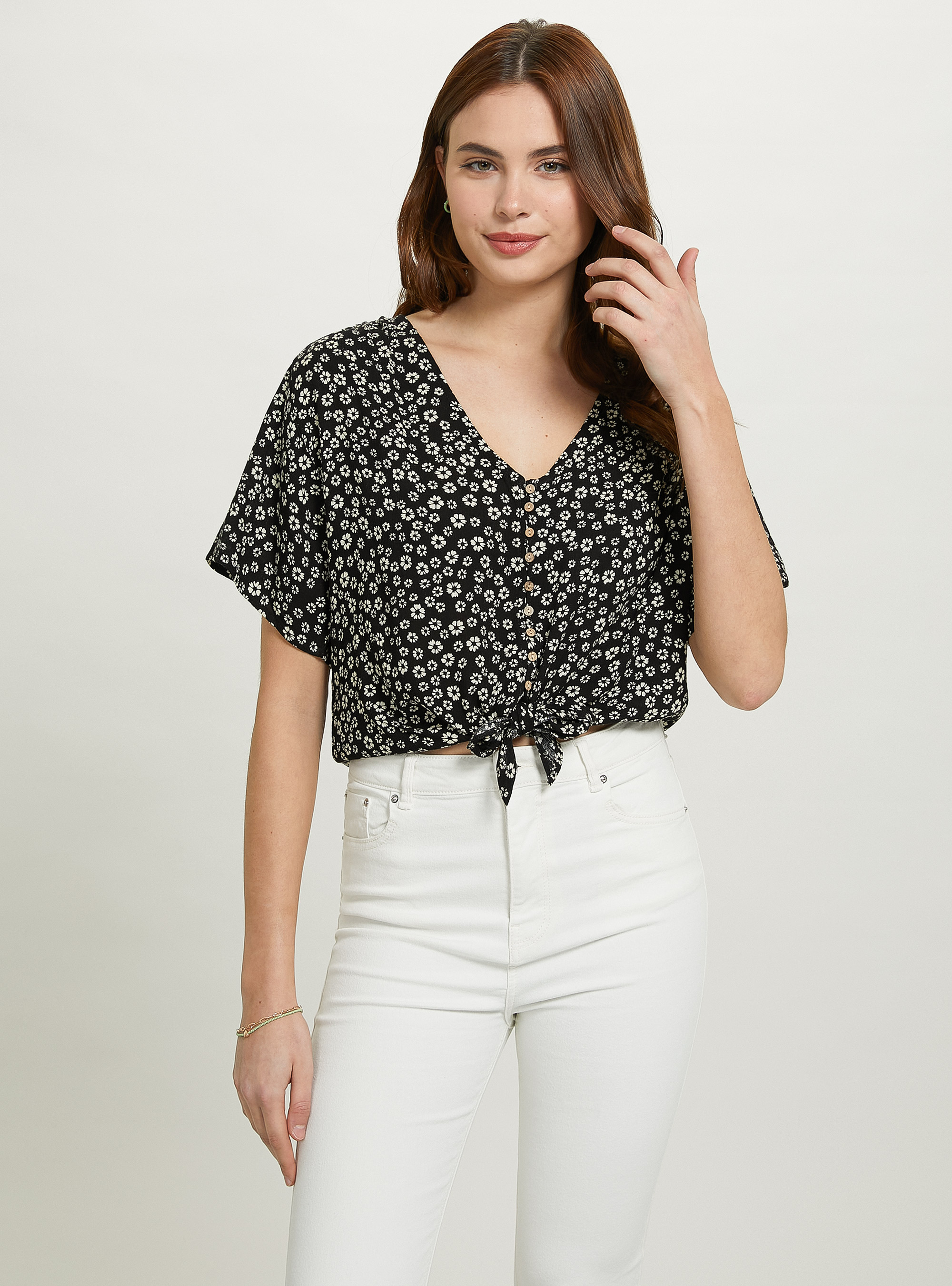 Blusa estampada con nudo, MULTICOLORE