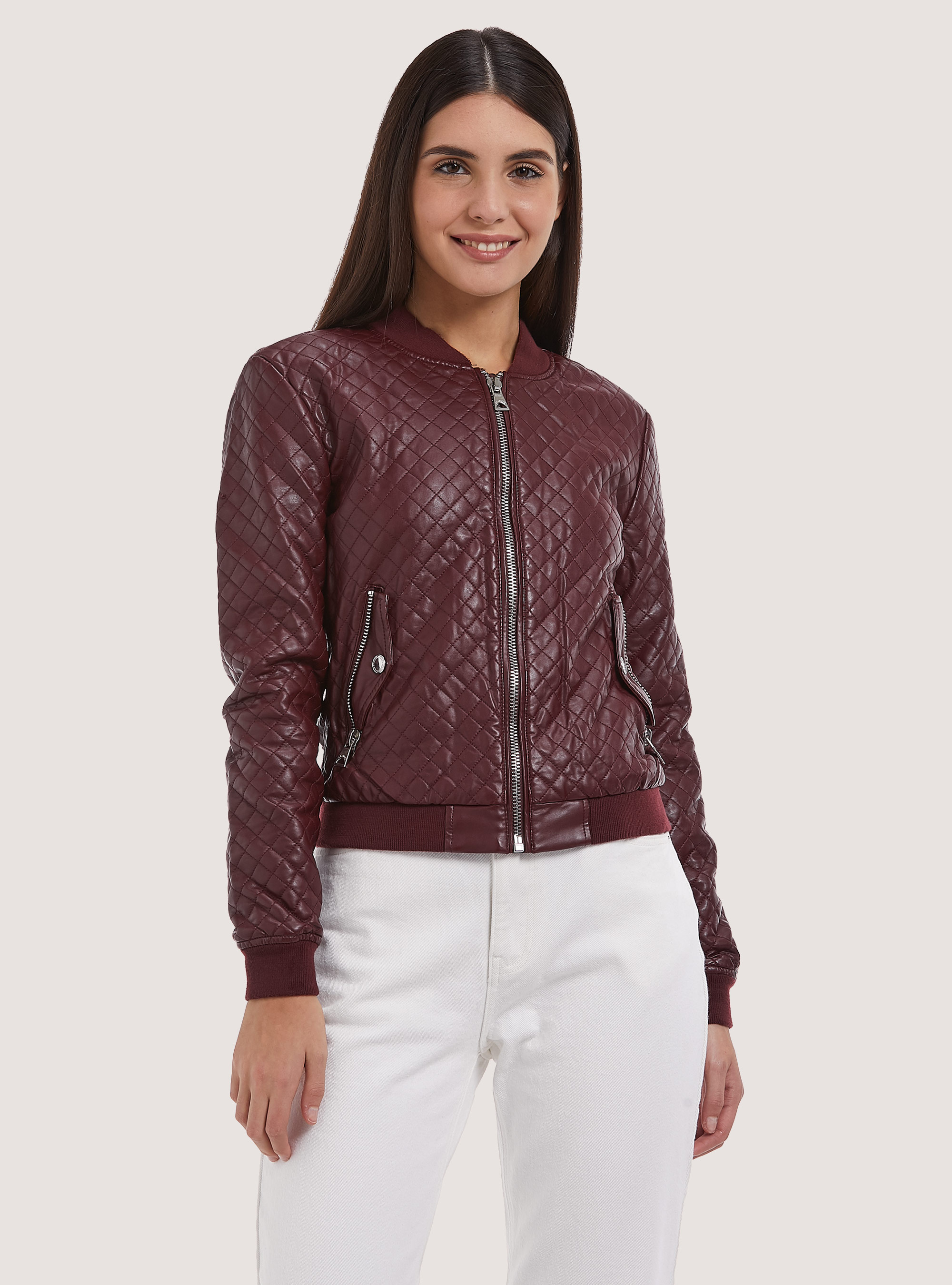 Woman pu bomber diamond quilted, C313 BORDEAUX