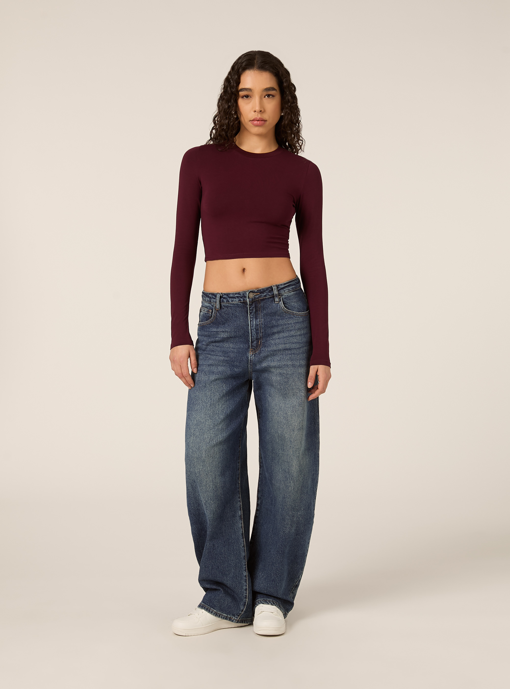 Maglietta cropped a maniche lunghe, BO1 BORDEAUX DARK