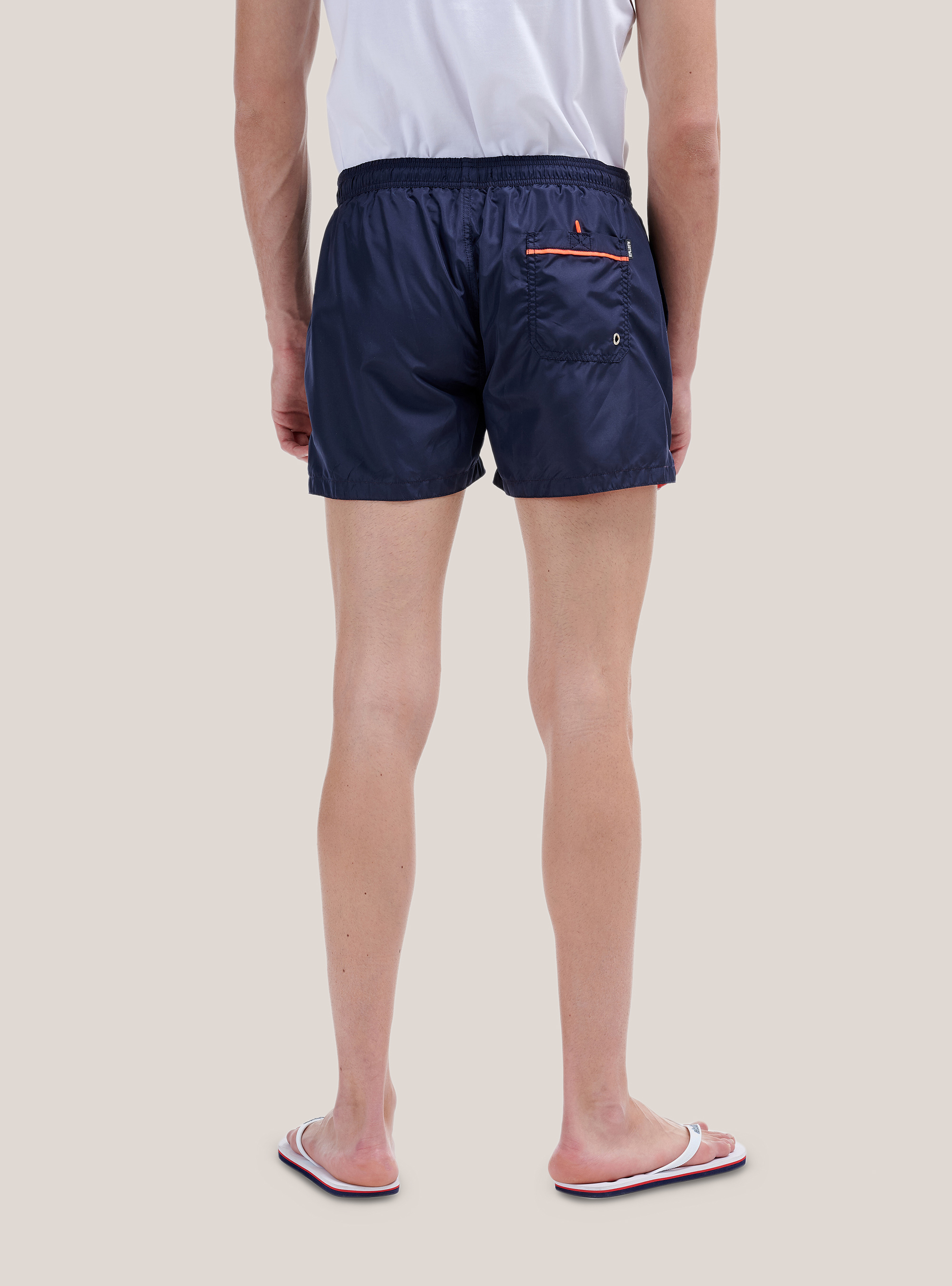 Color solid swimsuit with front embroidery and back pocket., BLUE NAVY