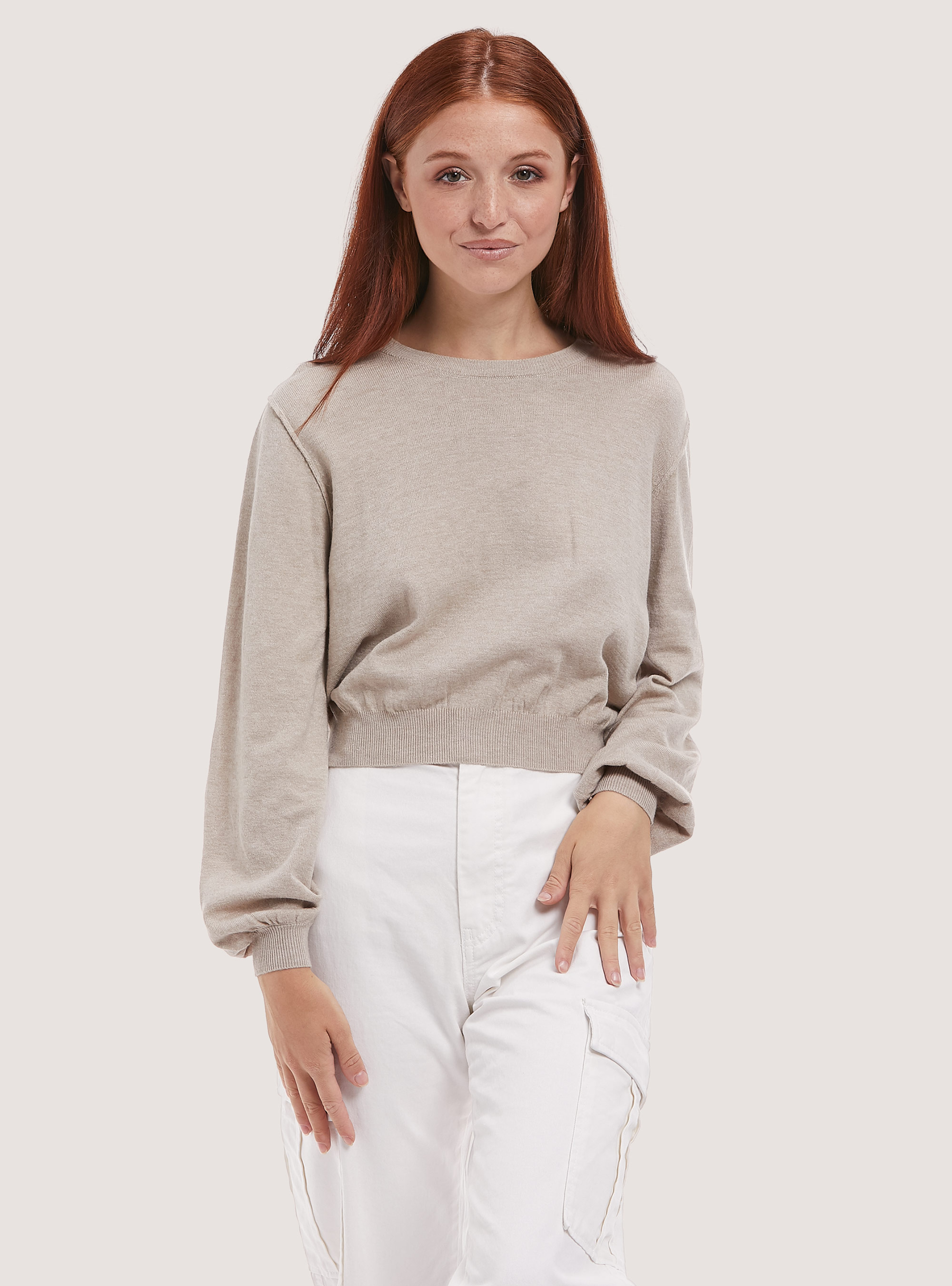Cropped pullover with puff sleeves, C0580 BEIGE MELANGE