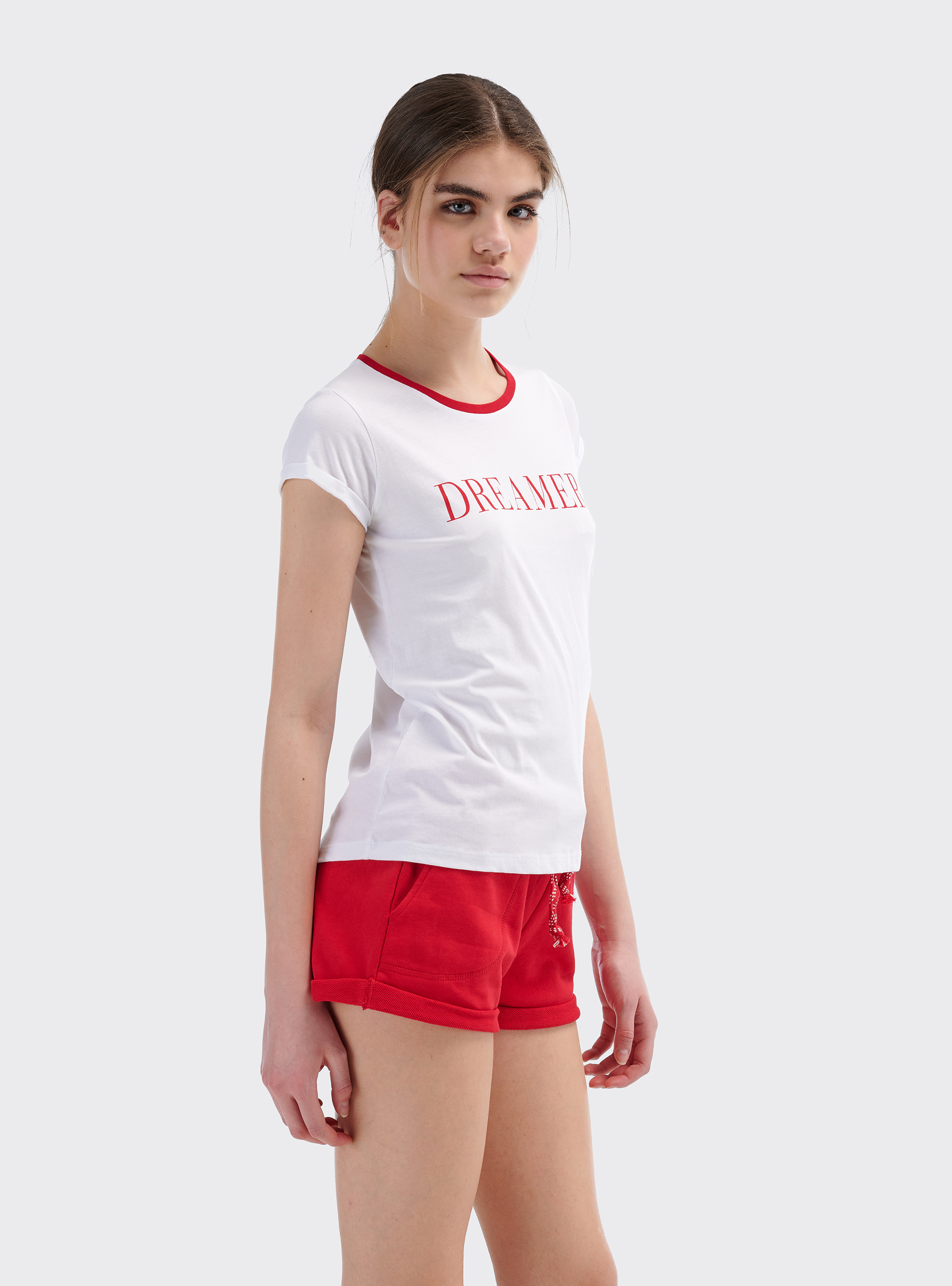 Maglietta con stampa e bordi a contrasto in cotone combed, BIANCO