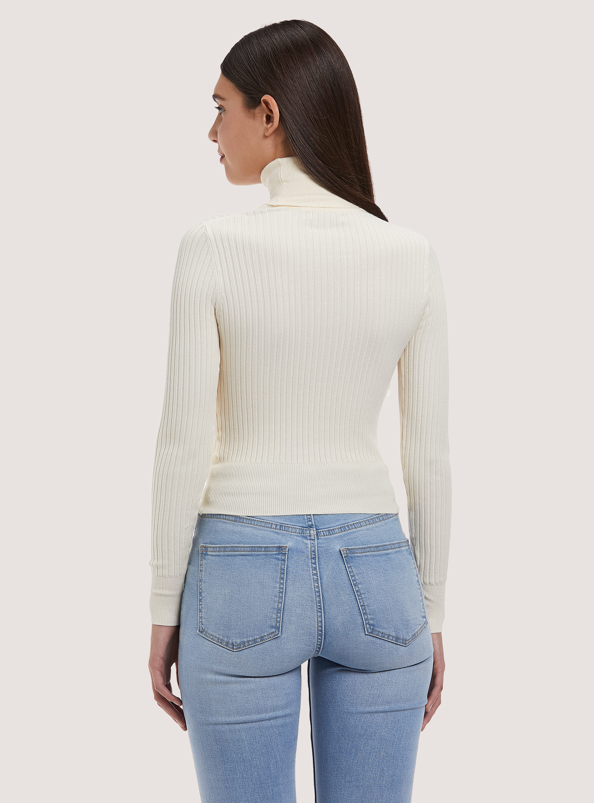 Pullover cropped a collo alto a coste, WH1 OFF WHITE