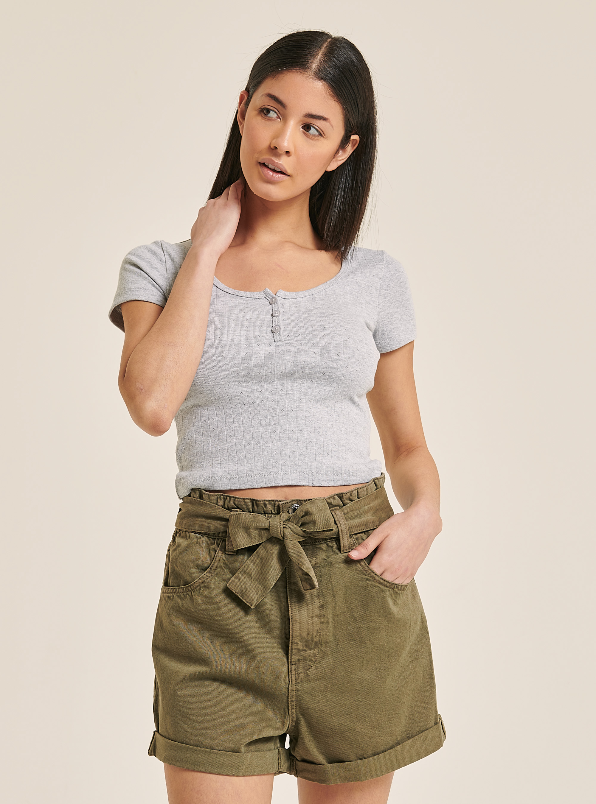 Cotton crop top with buttons, LIGHT GREY MELANGE