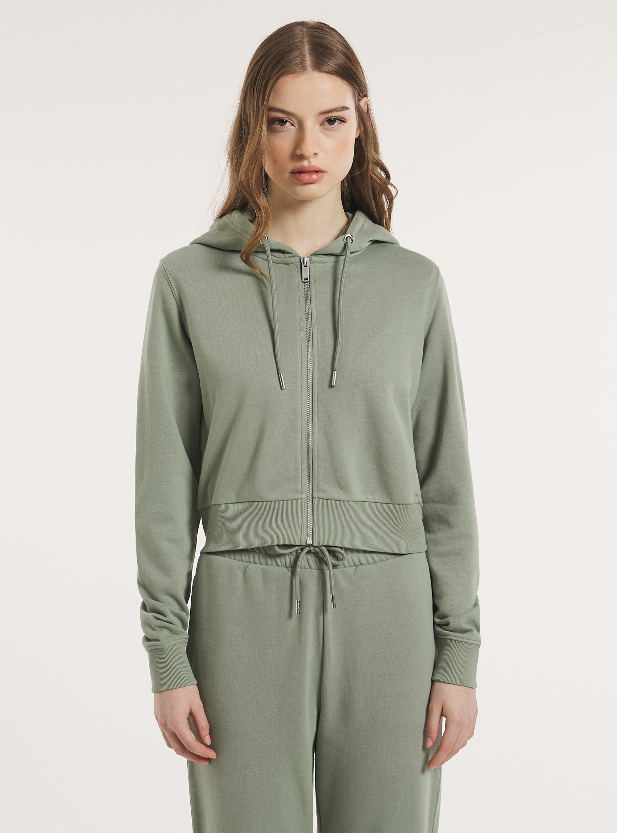 Cropped sweatshirt with zip and hood, KY3 KAKY LIGHT