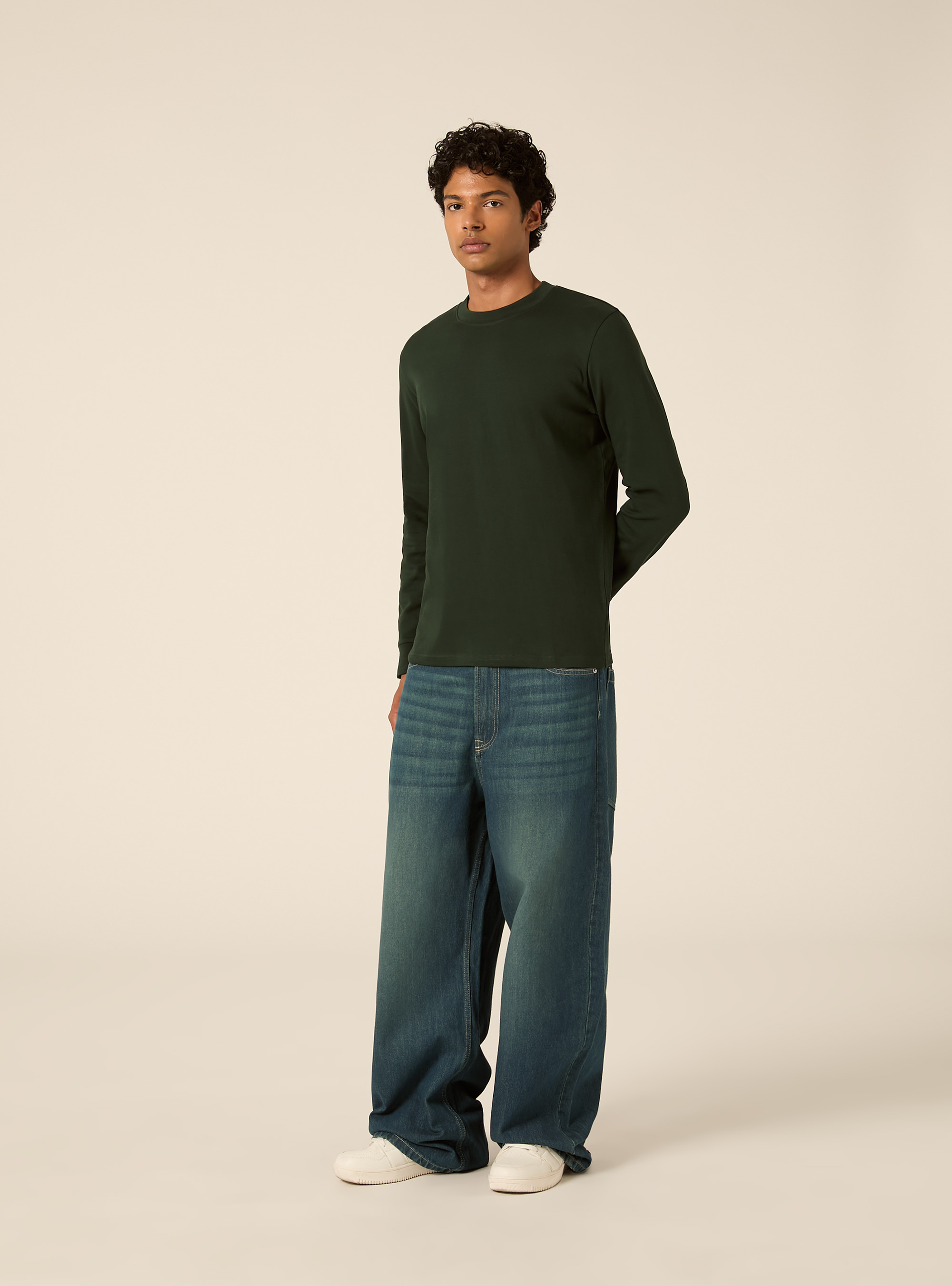 Maglia girocollo maniche lunghe interlock, VERDE SCURO