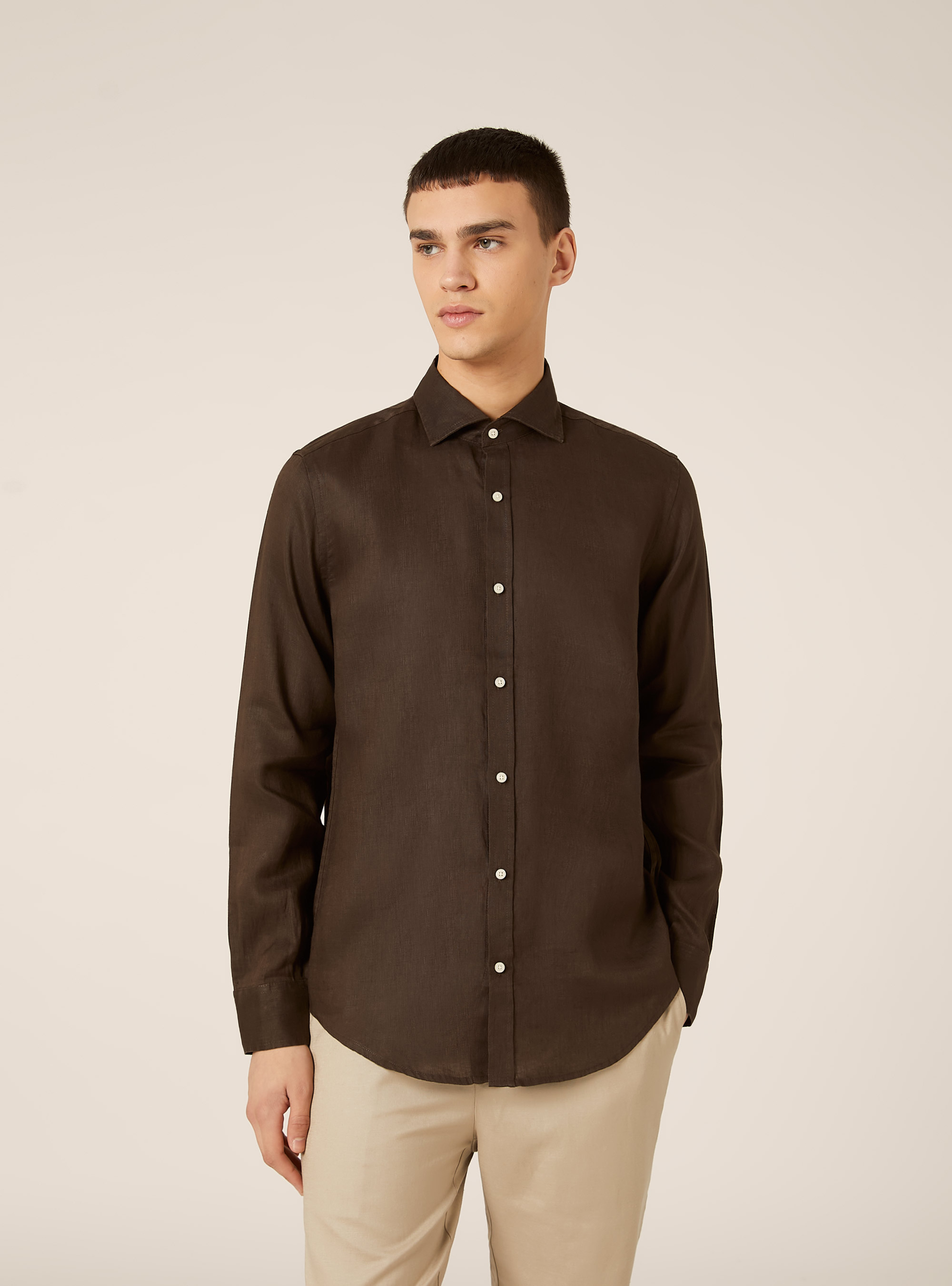 Camicia basica in lino, BR2 BROWN MEDIUM