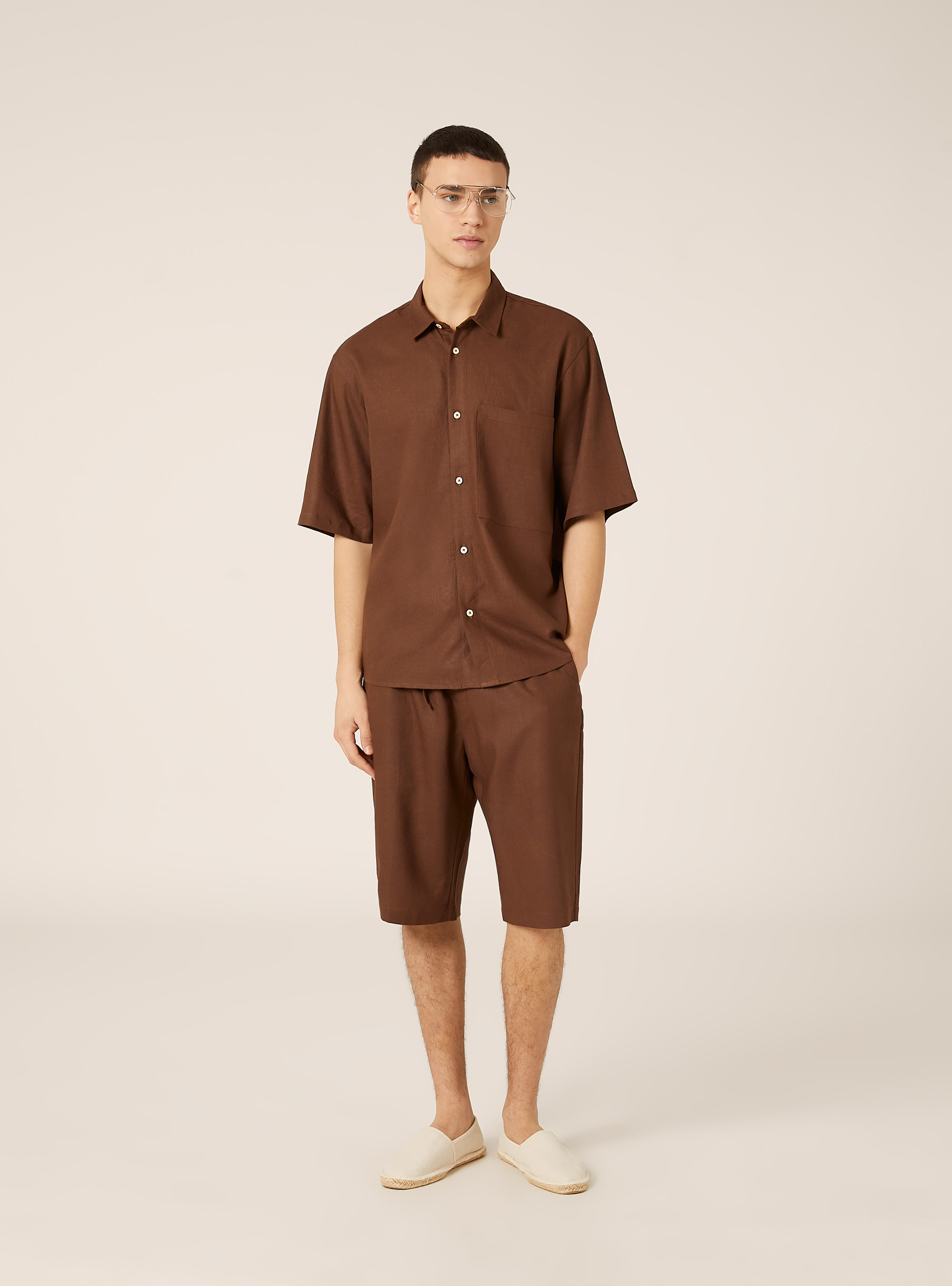 Camicia  in misto lino  con taschino, BR1 BROWN DARK