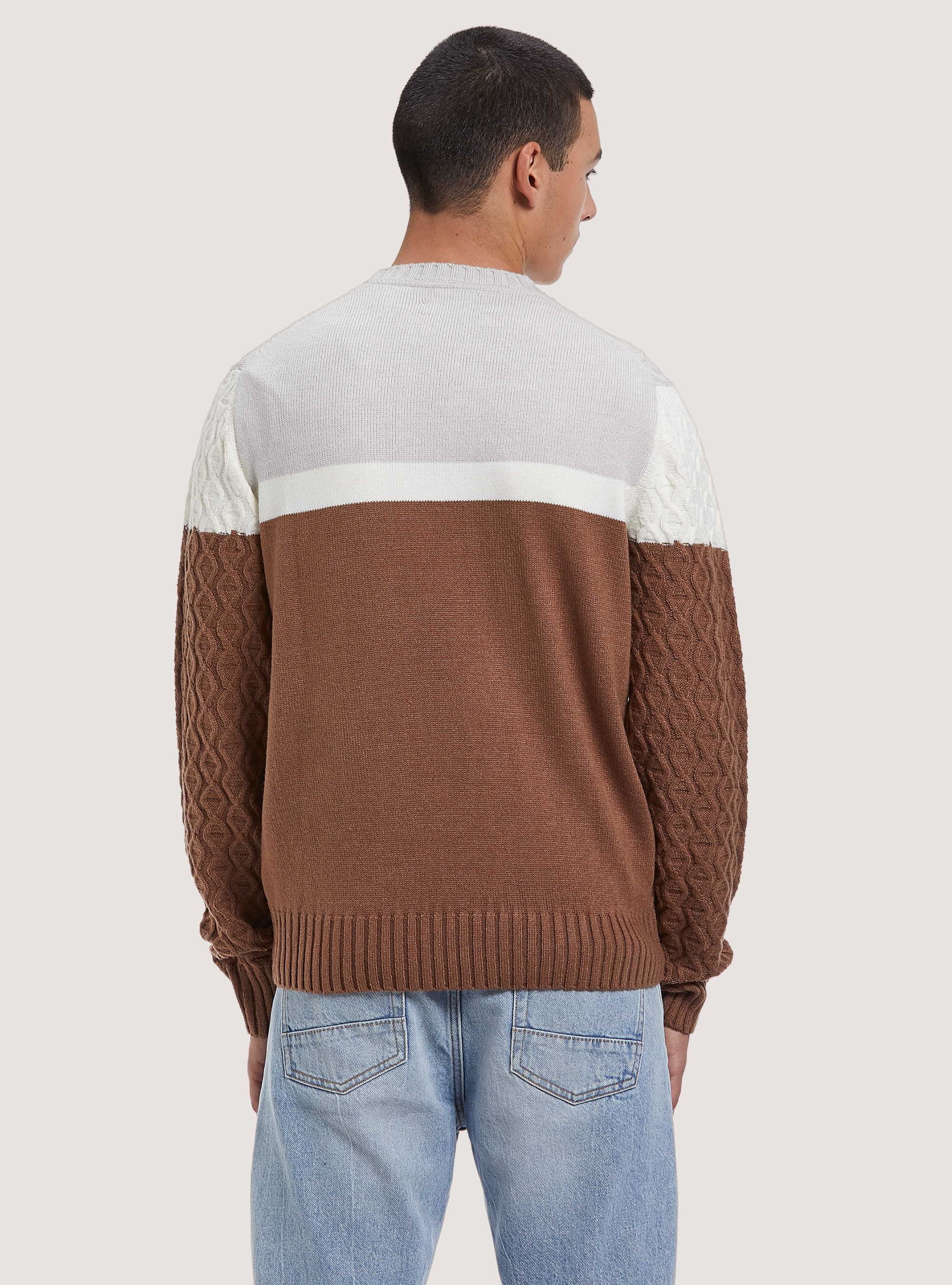Pullover color block con texture, TB1 TOBACCO DARK