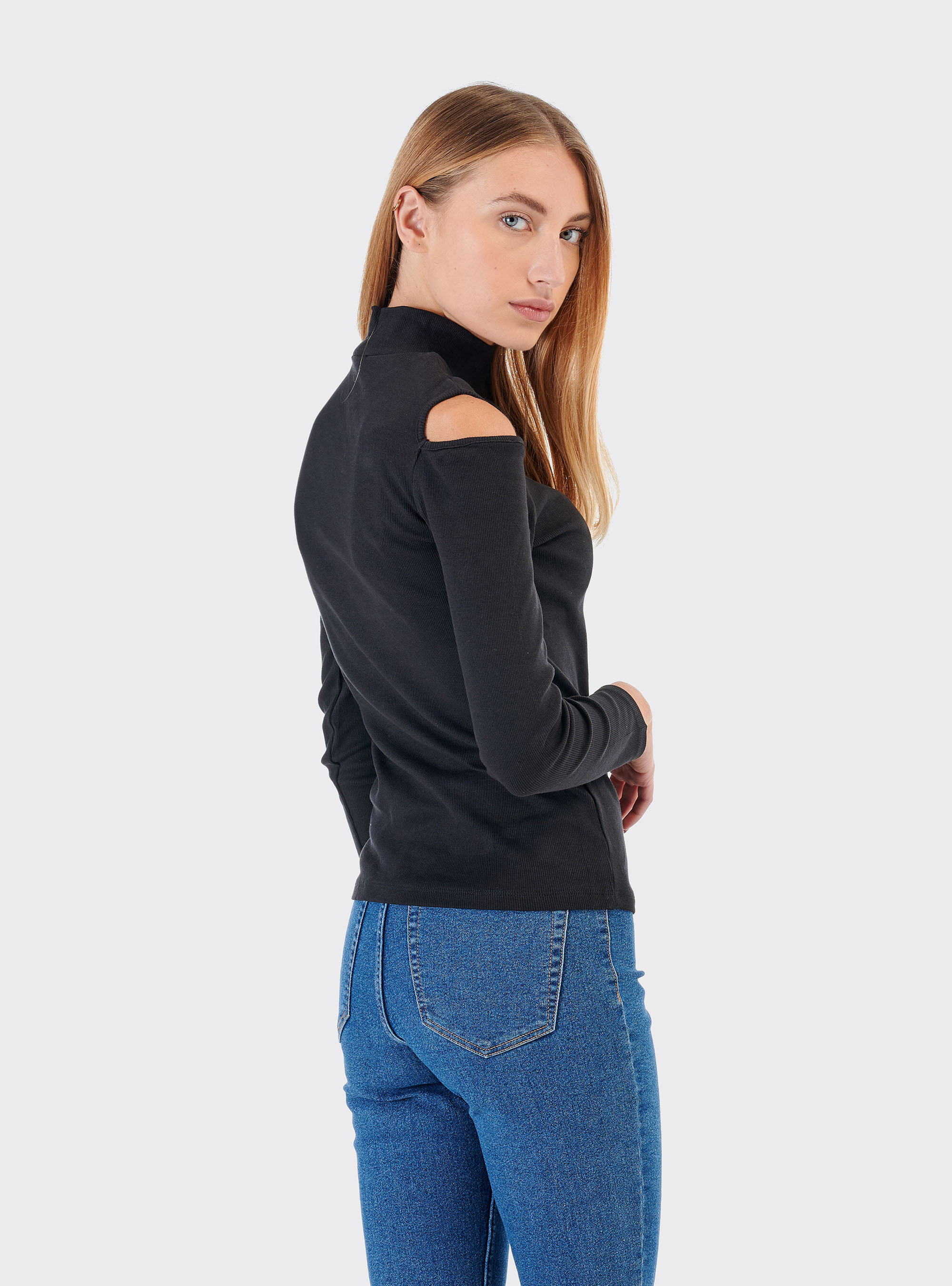 HIGH NECK SWEATER WITH BARE SHOULDERS, BLACK