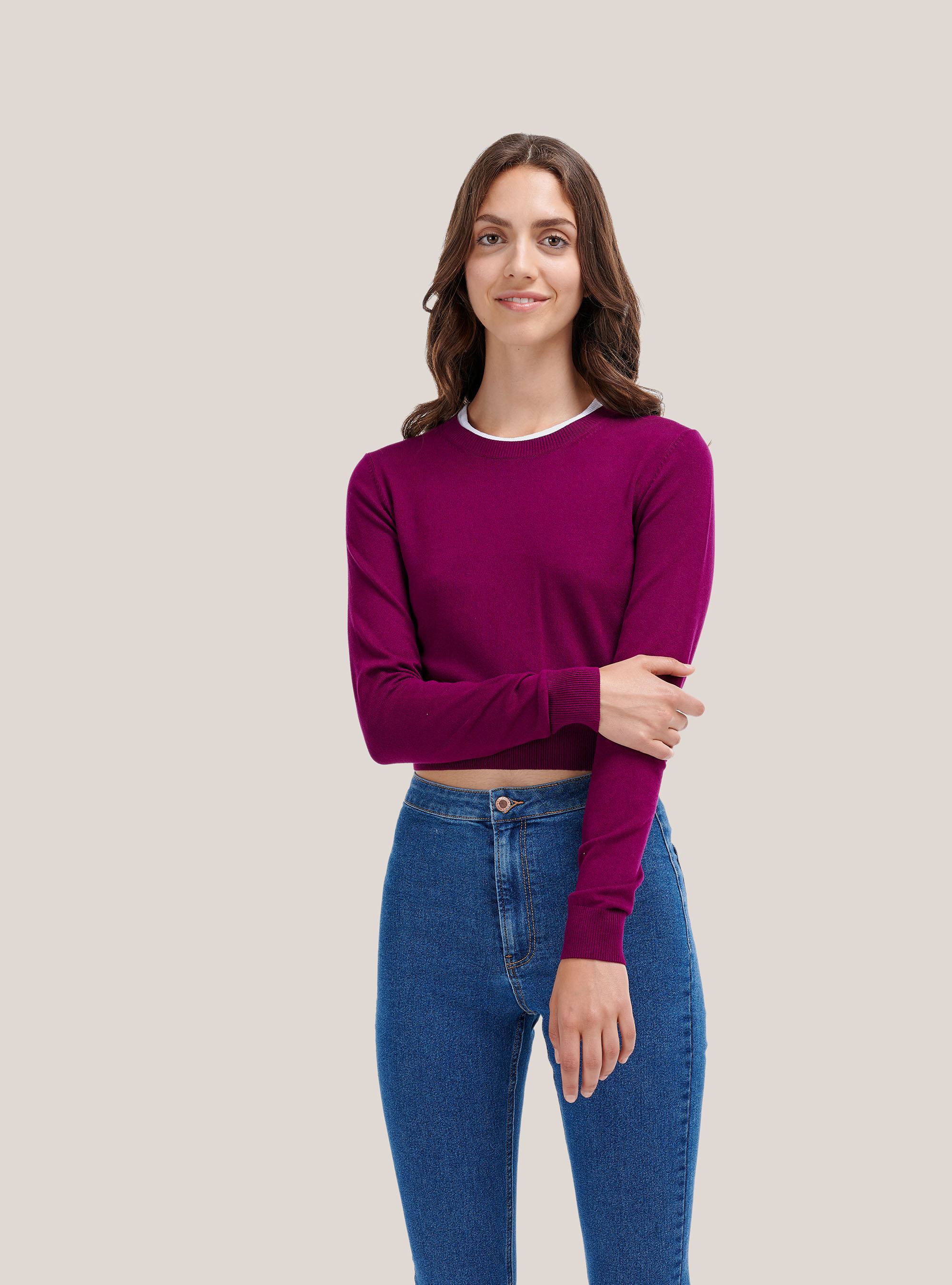 Kurzer Pullover mit Rundhalsausschnitt, C394 PURPLE