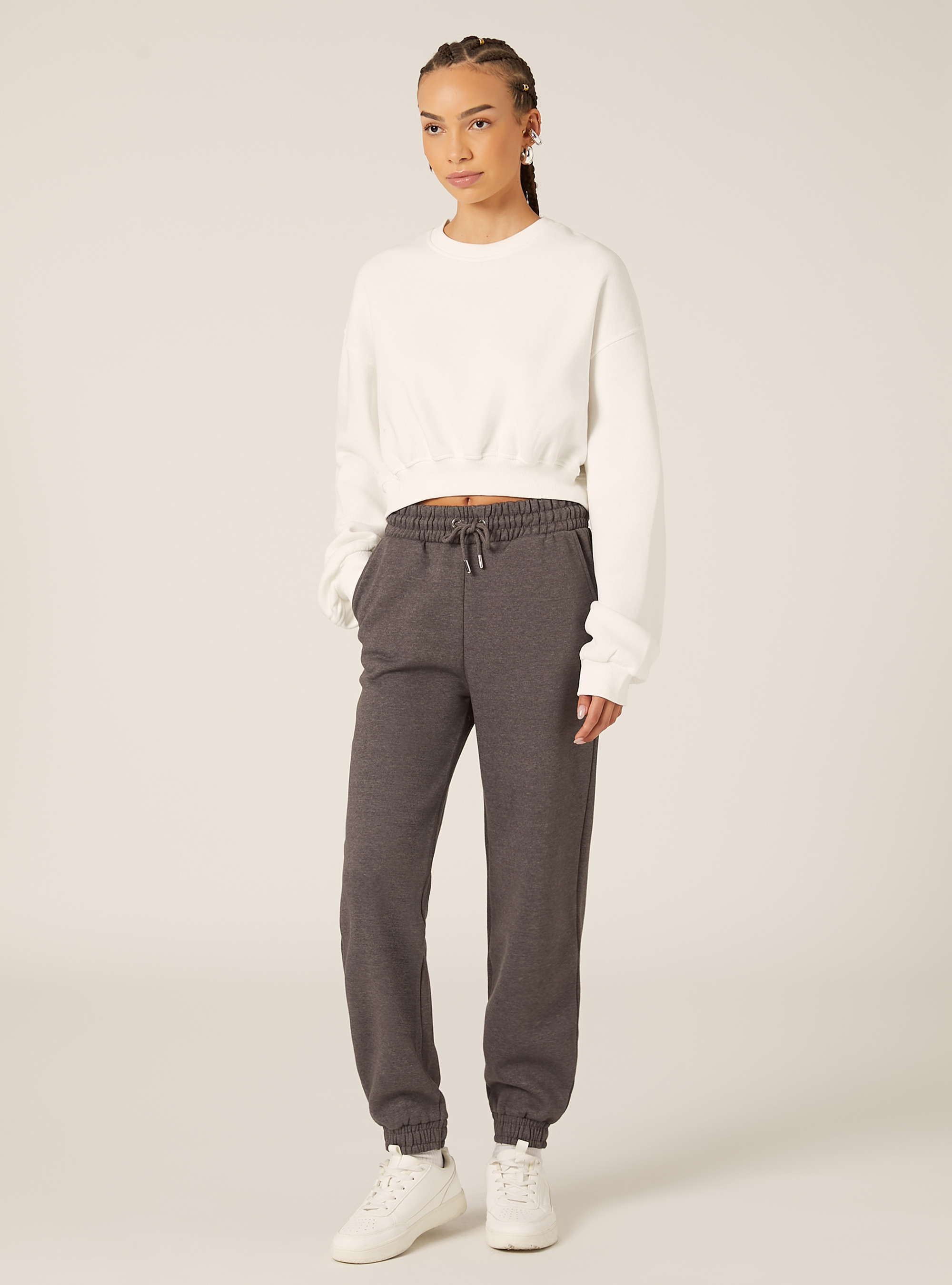 Felpa girocollo in cotone crop, WH2 WHITE