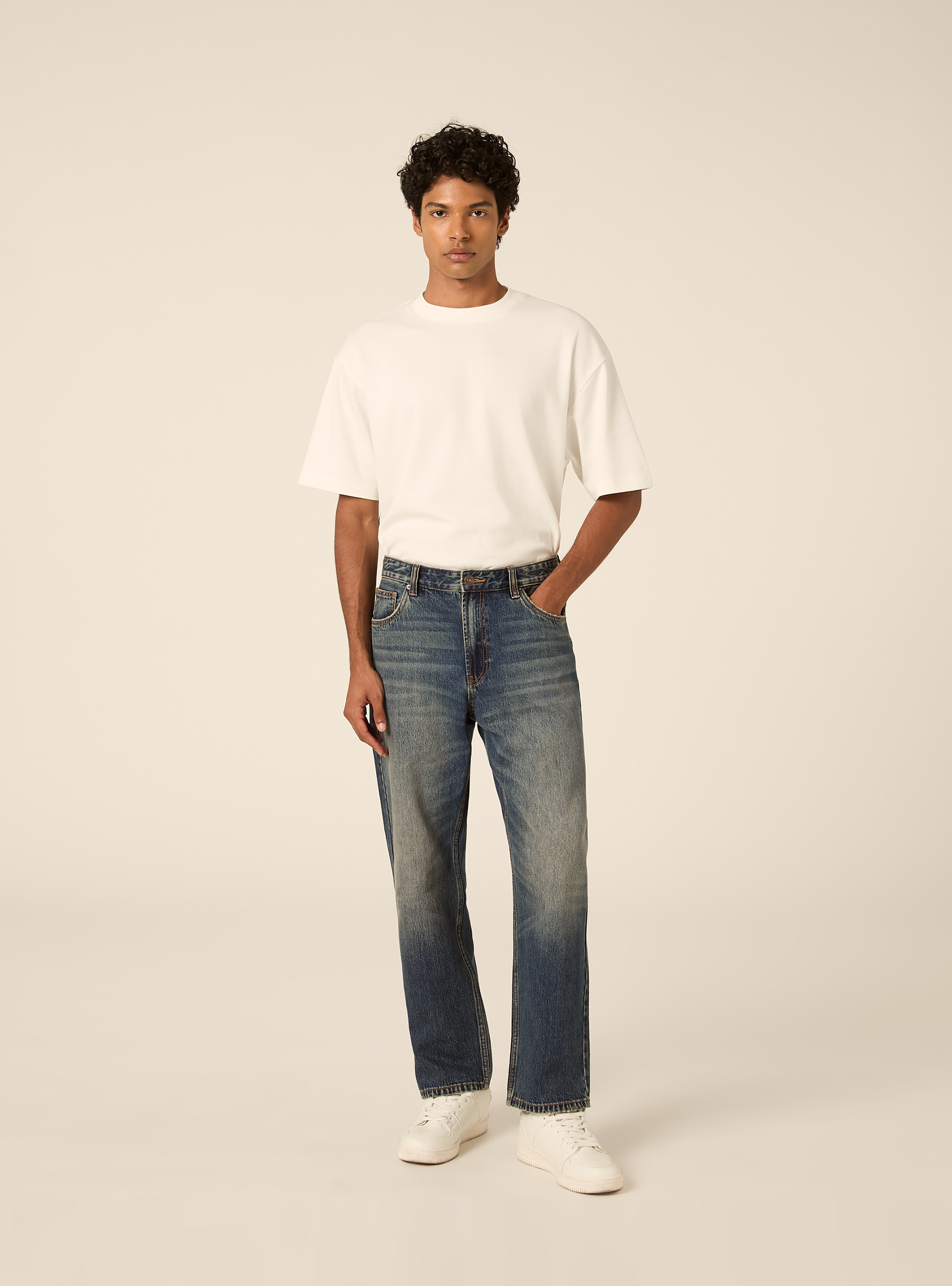 Pantalone in denim tapered fit, D100 BLUE DARK OVERDYE