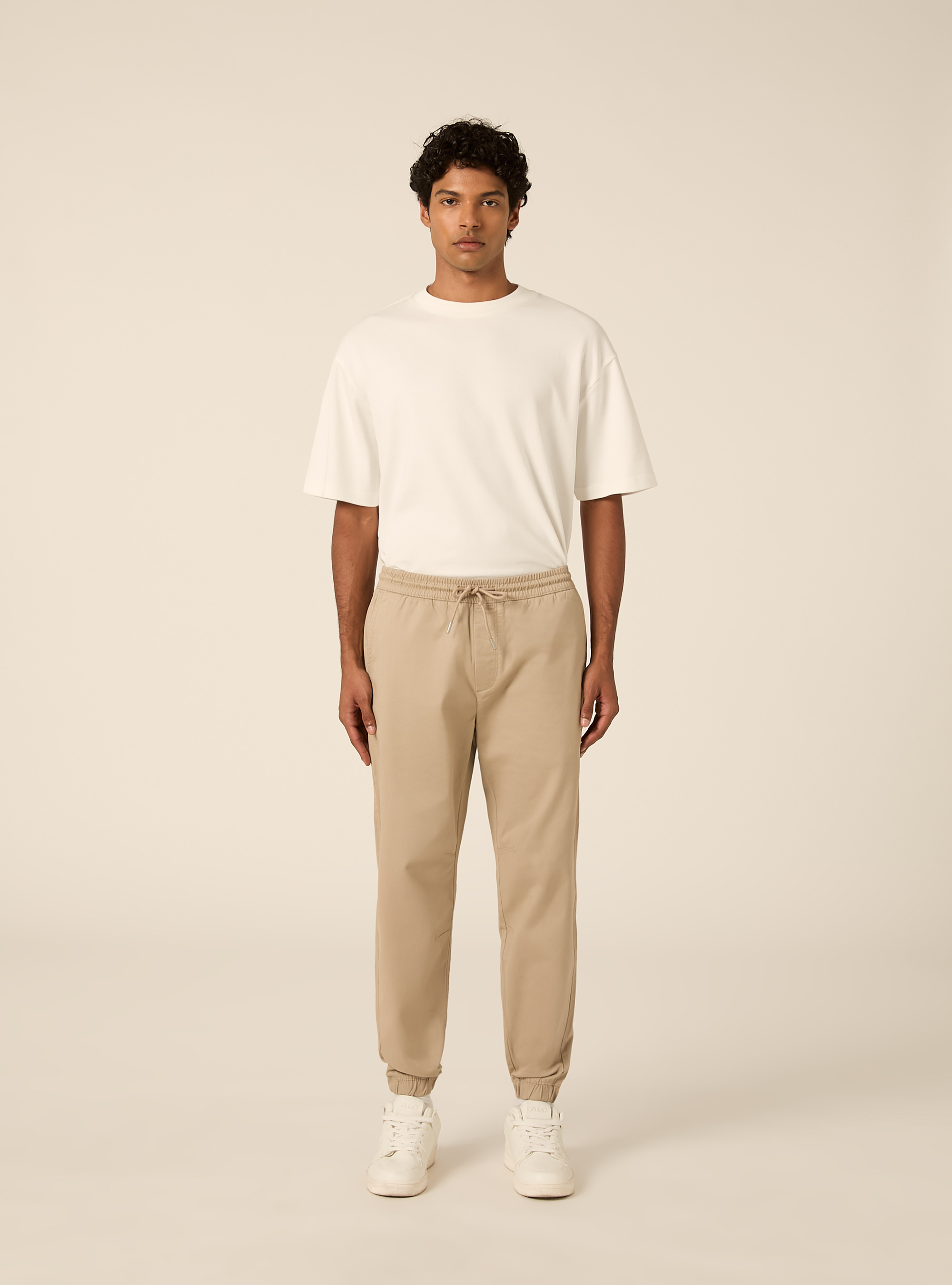 Pantaloni twill stretch elastico e stringa in vita, BG2 BEIGE MEDIUM