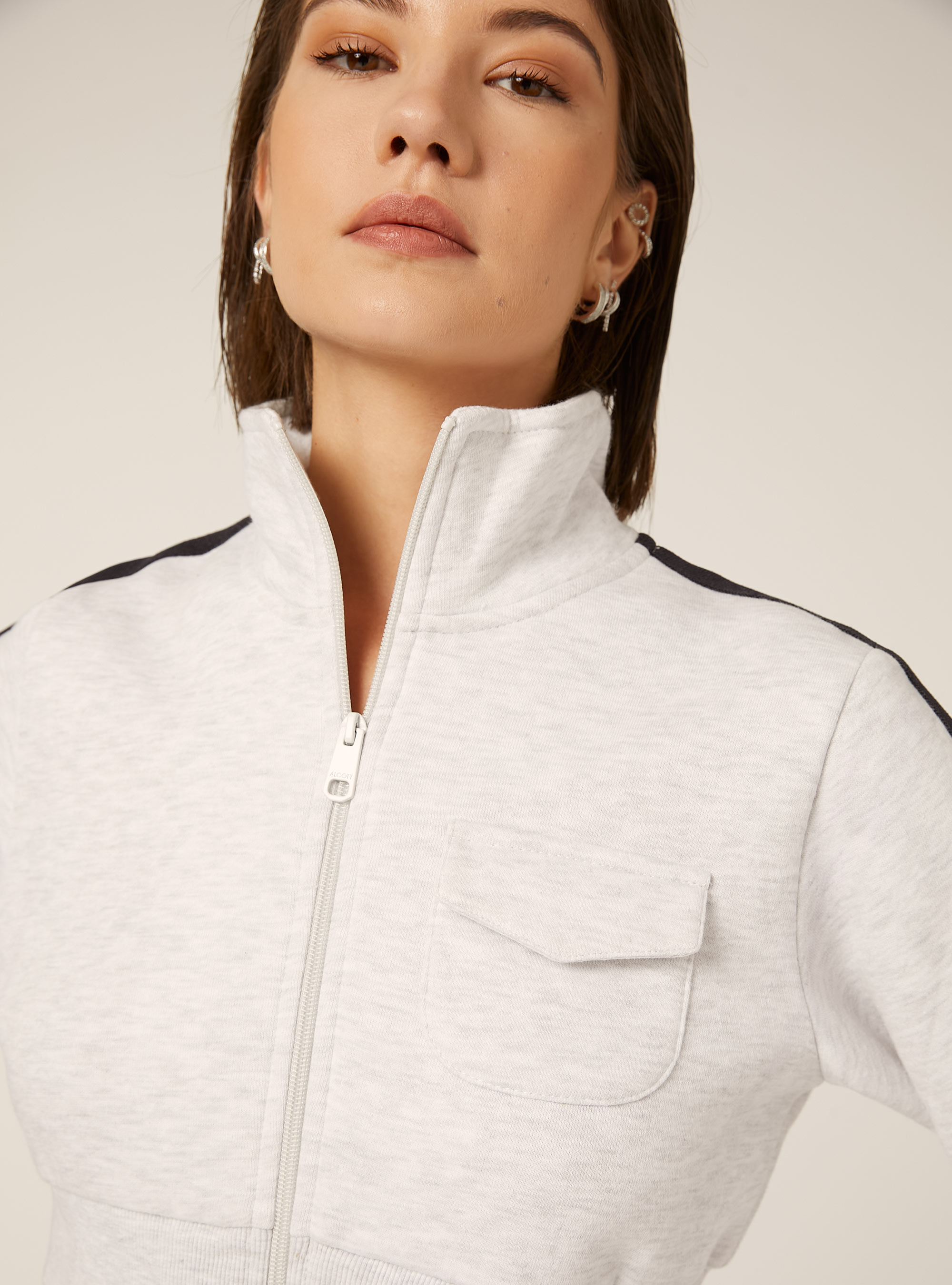 Felpa cropped zip con bande laterali, MGY3 GREY MEL LIGHT