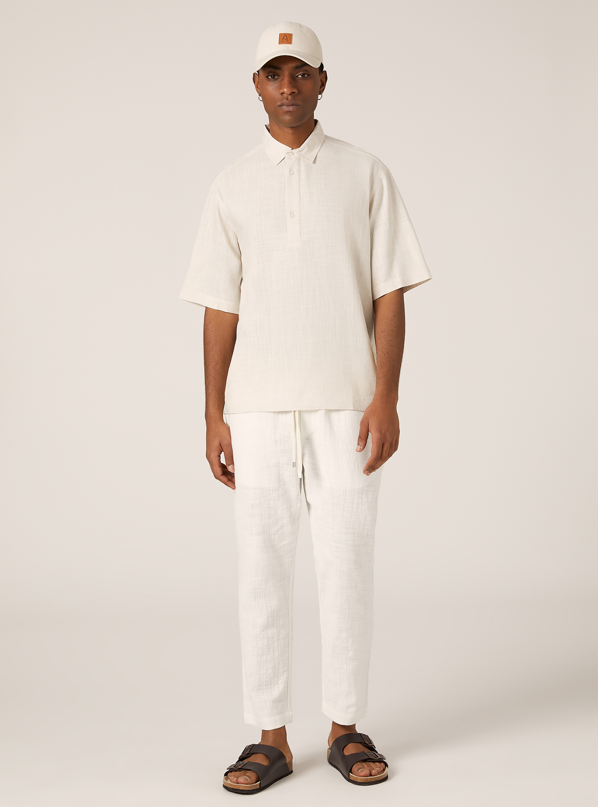 Linen blend short-sleeved shirt, MBG3 BEIGE MEL LIGHT