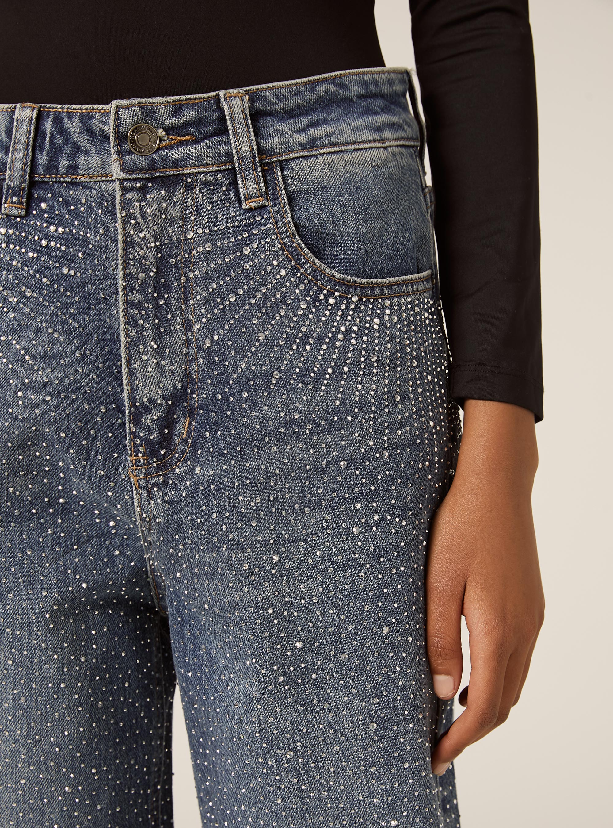 Jeans strass combinati straight, D003 MEDIUM BLUE