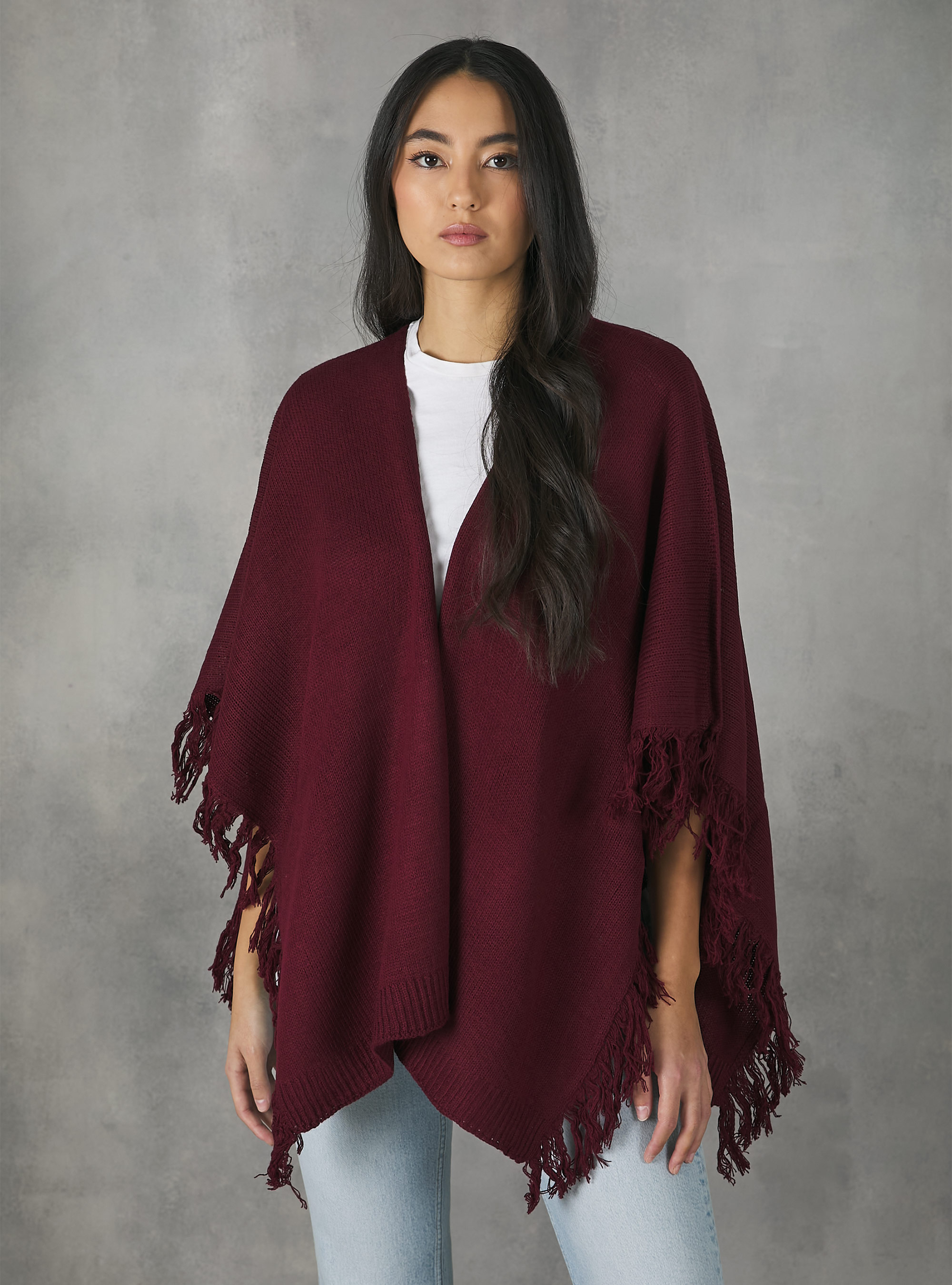 Poncho à franges, C326 BORDEAUX