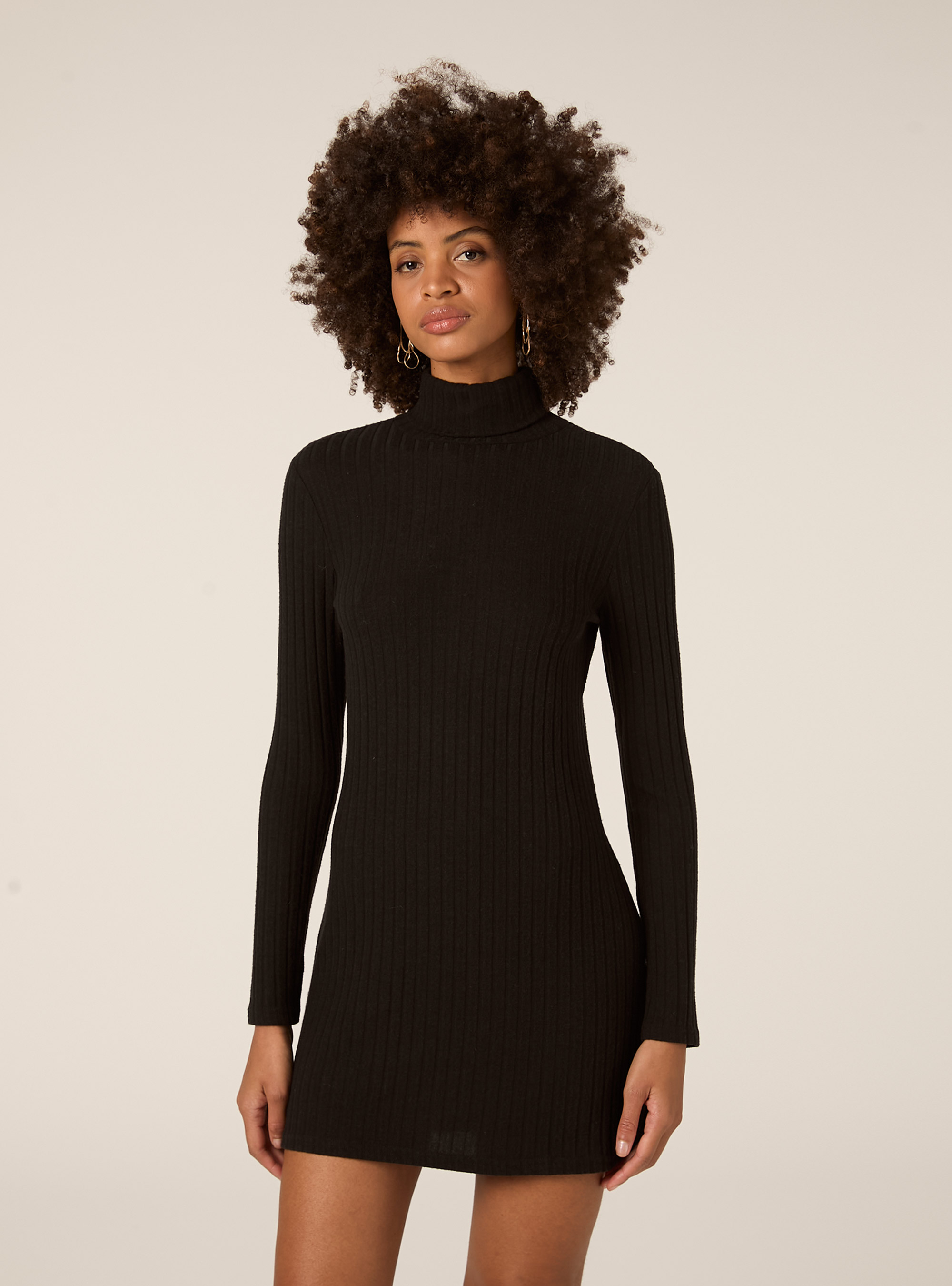 SHORT DRESS WITH HIGH RIBBED COLLAR, BLACK