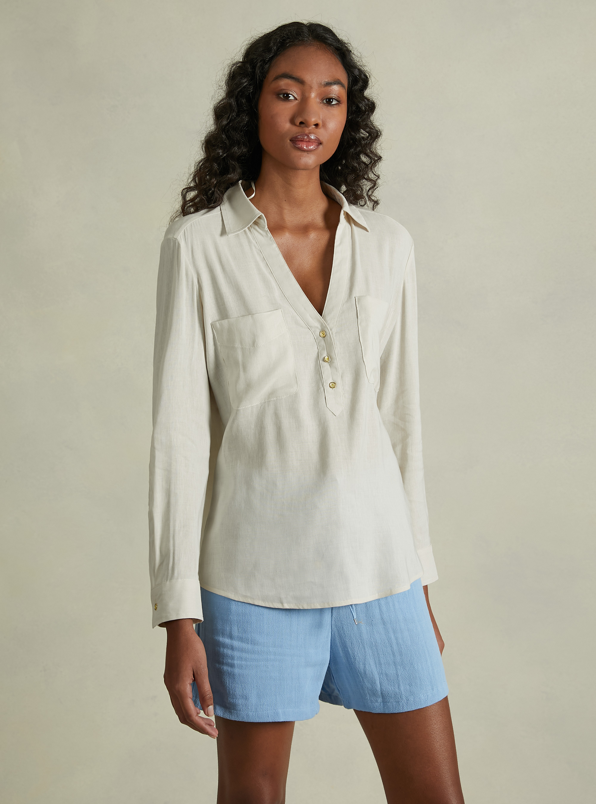 Linen-blend blouse, BG3 BEIGE LIGHT