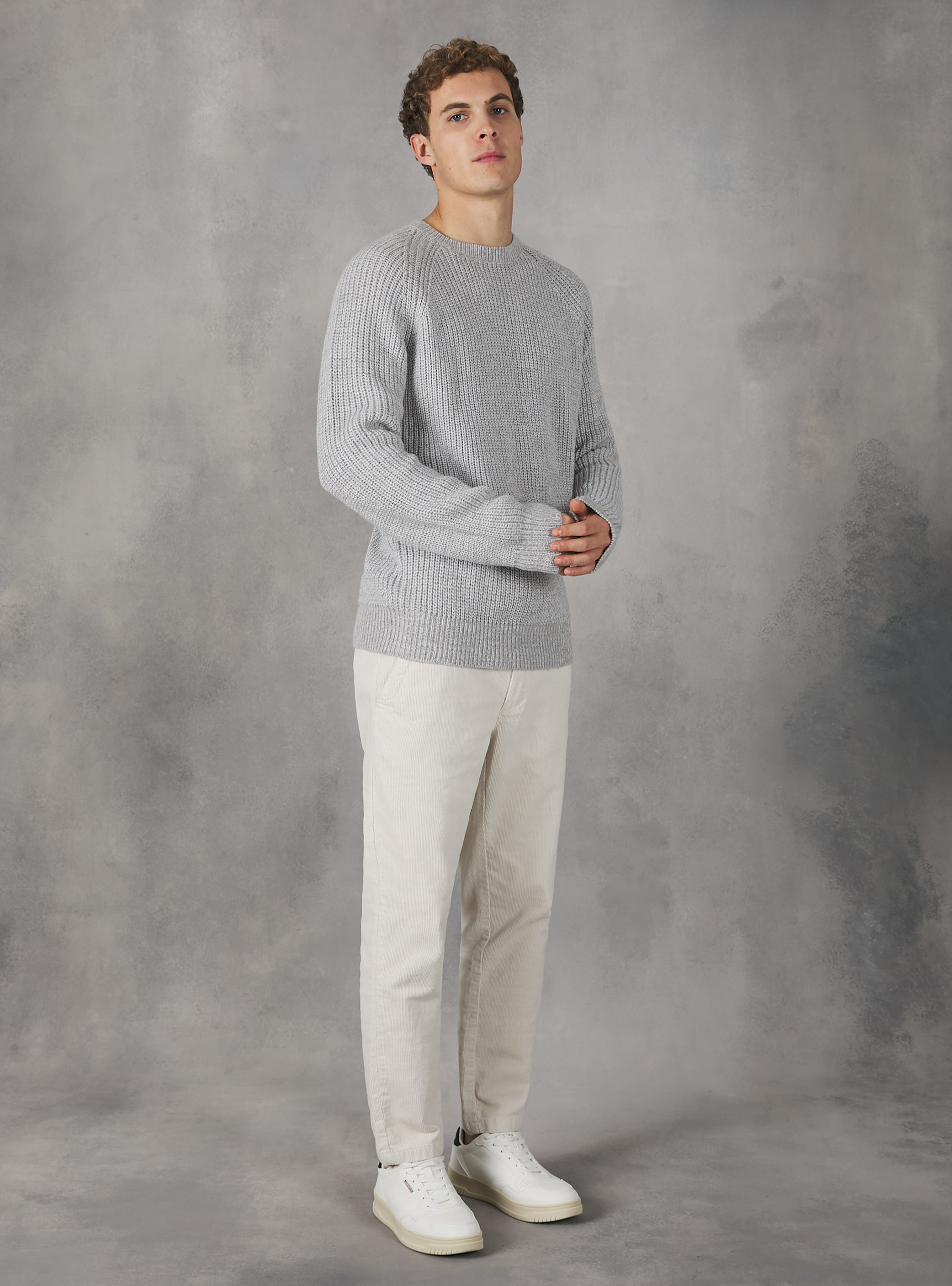 Crew-neck pullover with English ribbing, PEARL/CREAM