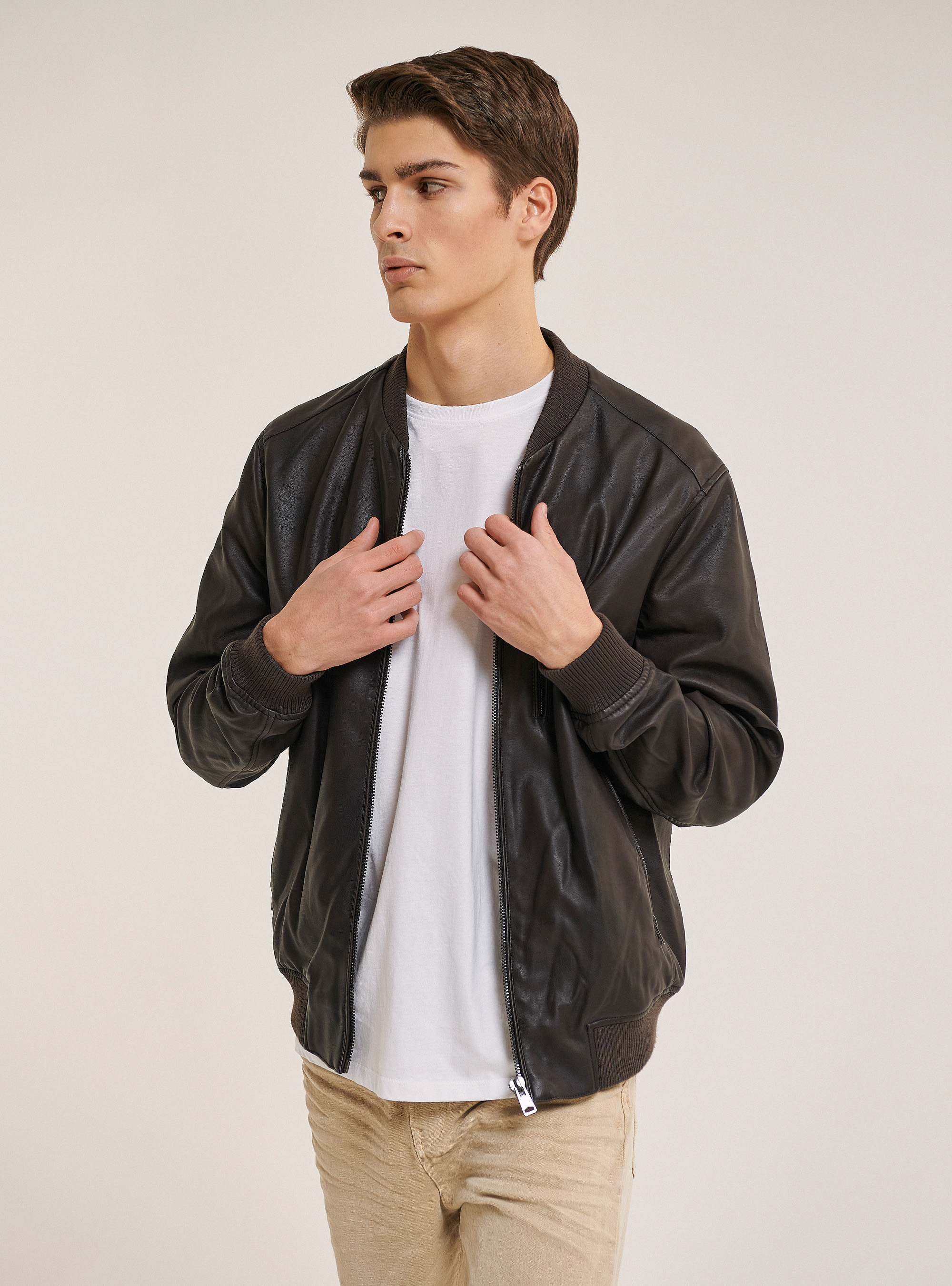 Jacket with leather effect zipper, BROWN