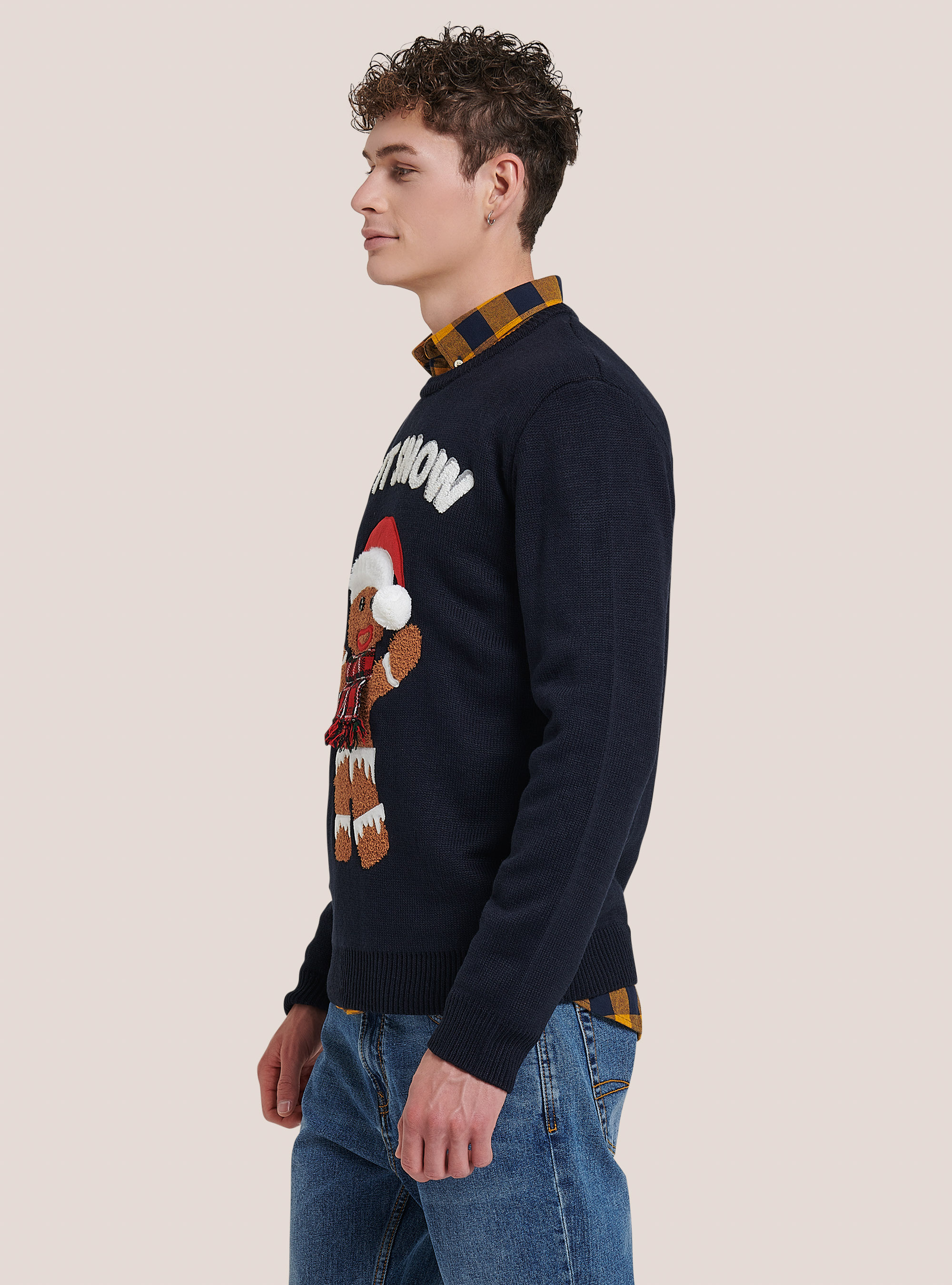 Christmas crew-neck pullover with gingerbread man, BLUE NAVY