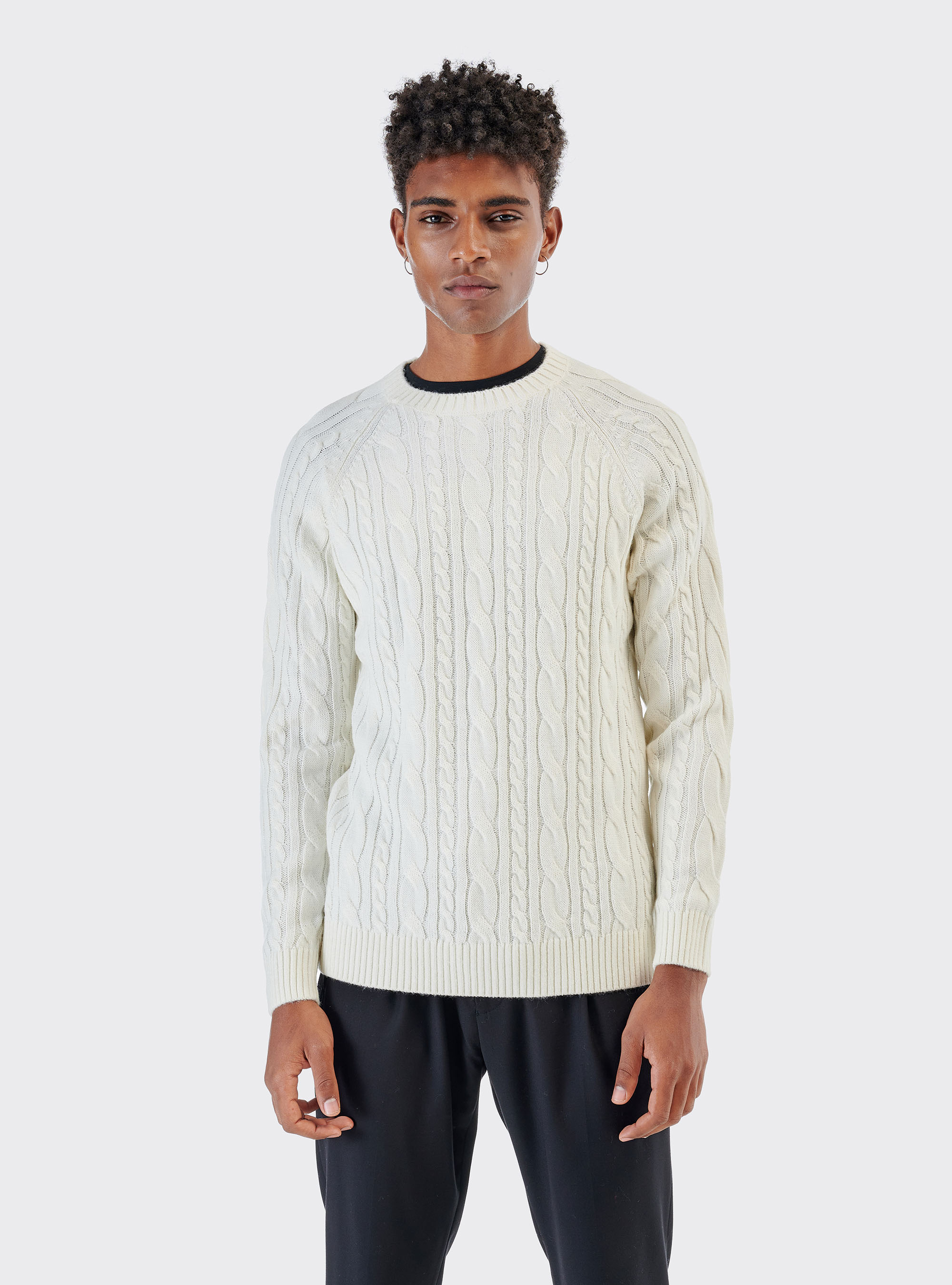 Pullover in misto lana con lavorazione a trecce, BIANCO SPORCO