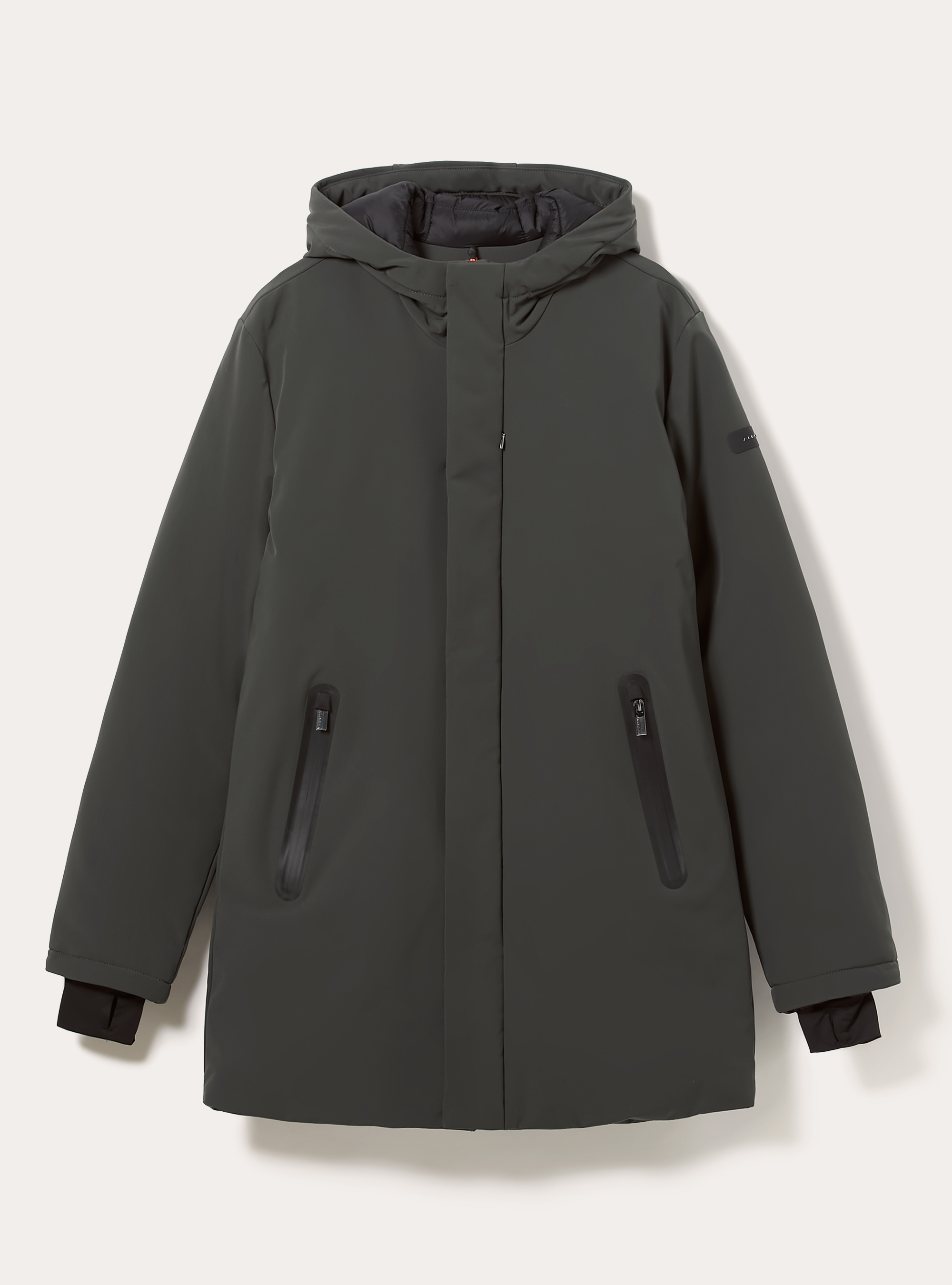 Giubbino con cappuccio e zip impermeabili lungo, KY1 KAKY DARK