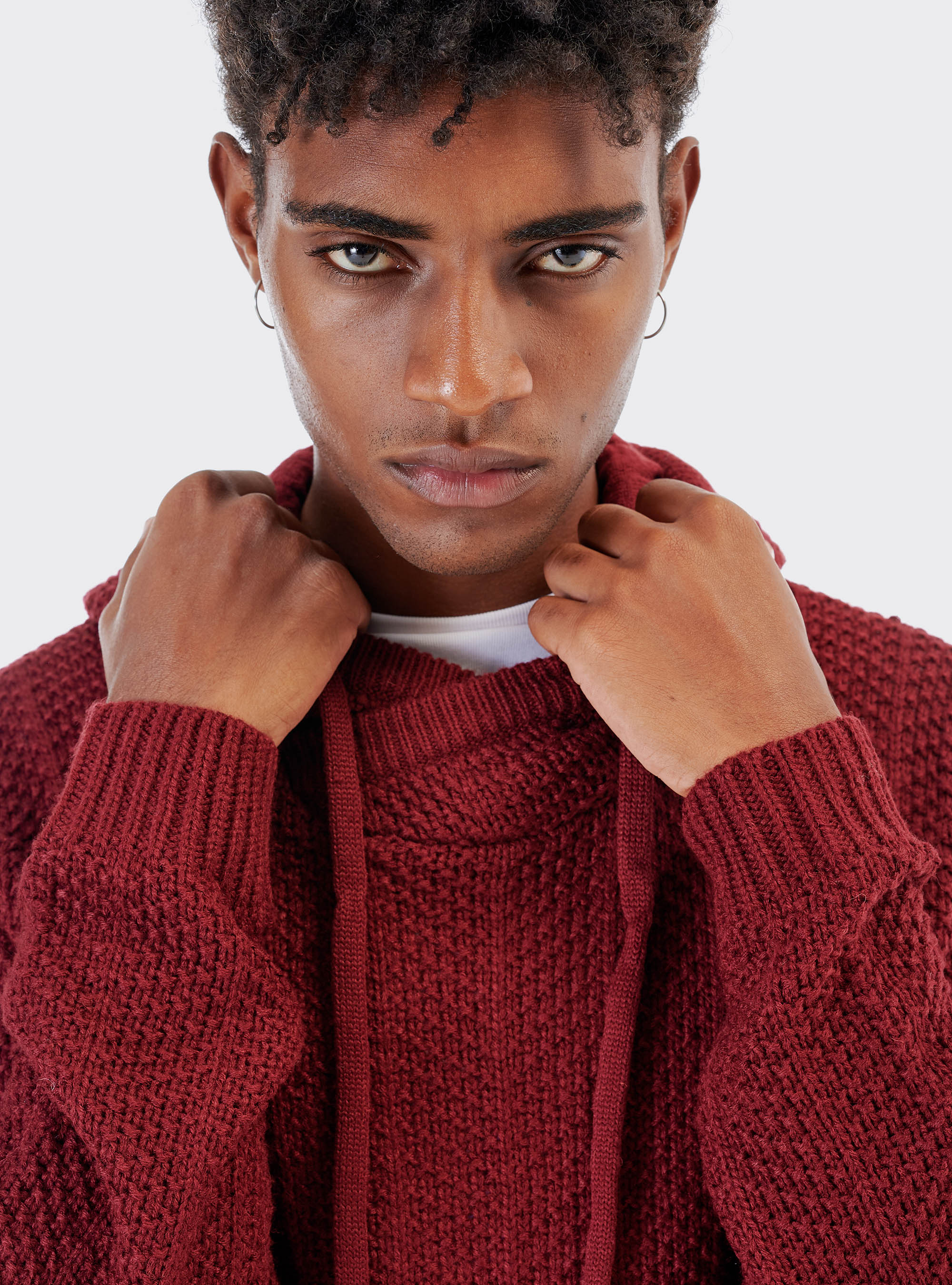 Wool blend hooded pullover, BORDEAUX