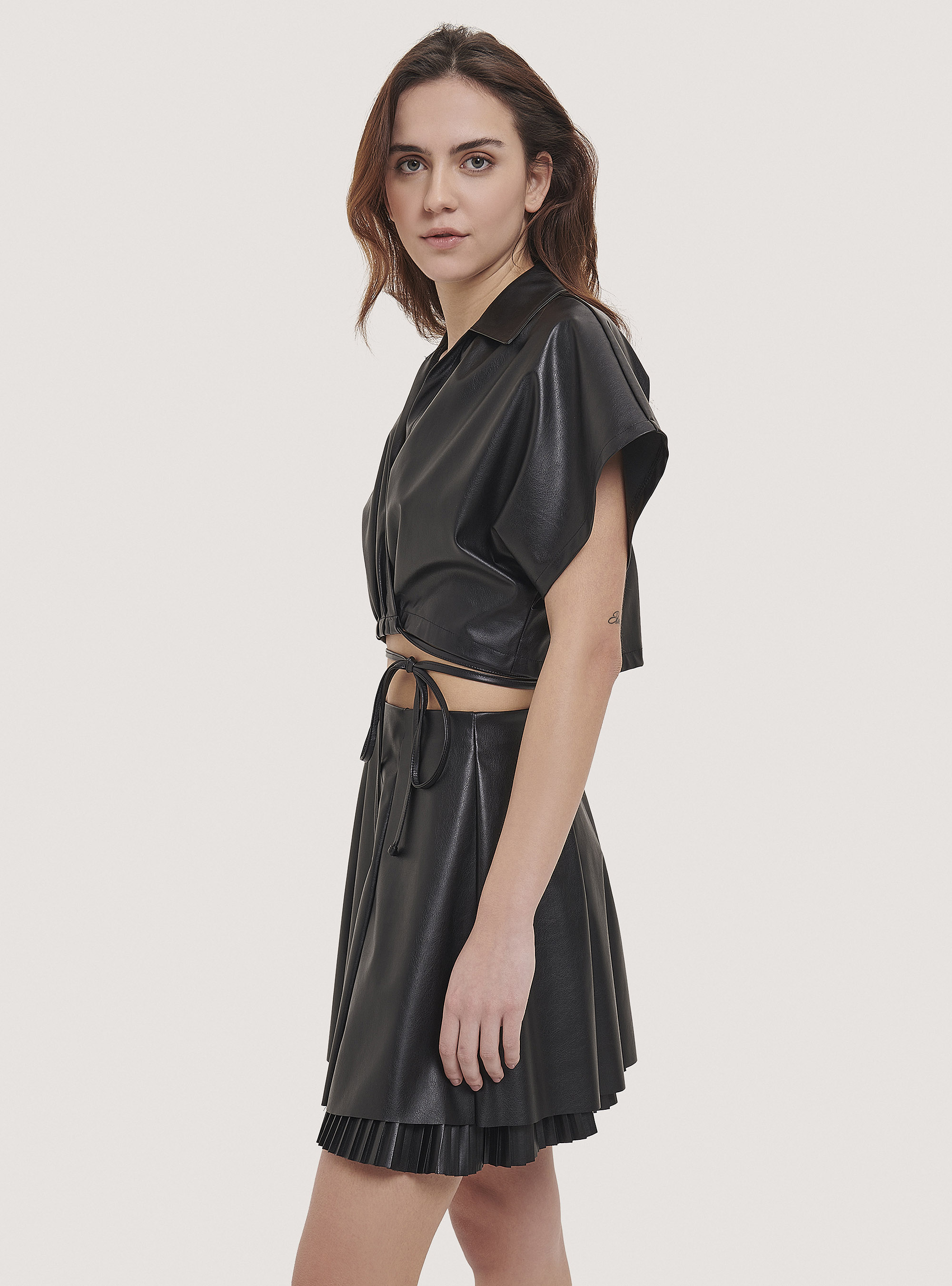 Faux leather lace up top, BLACK