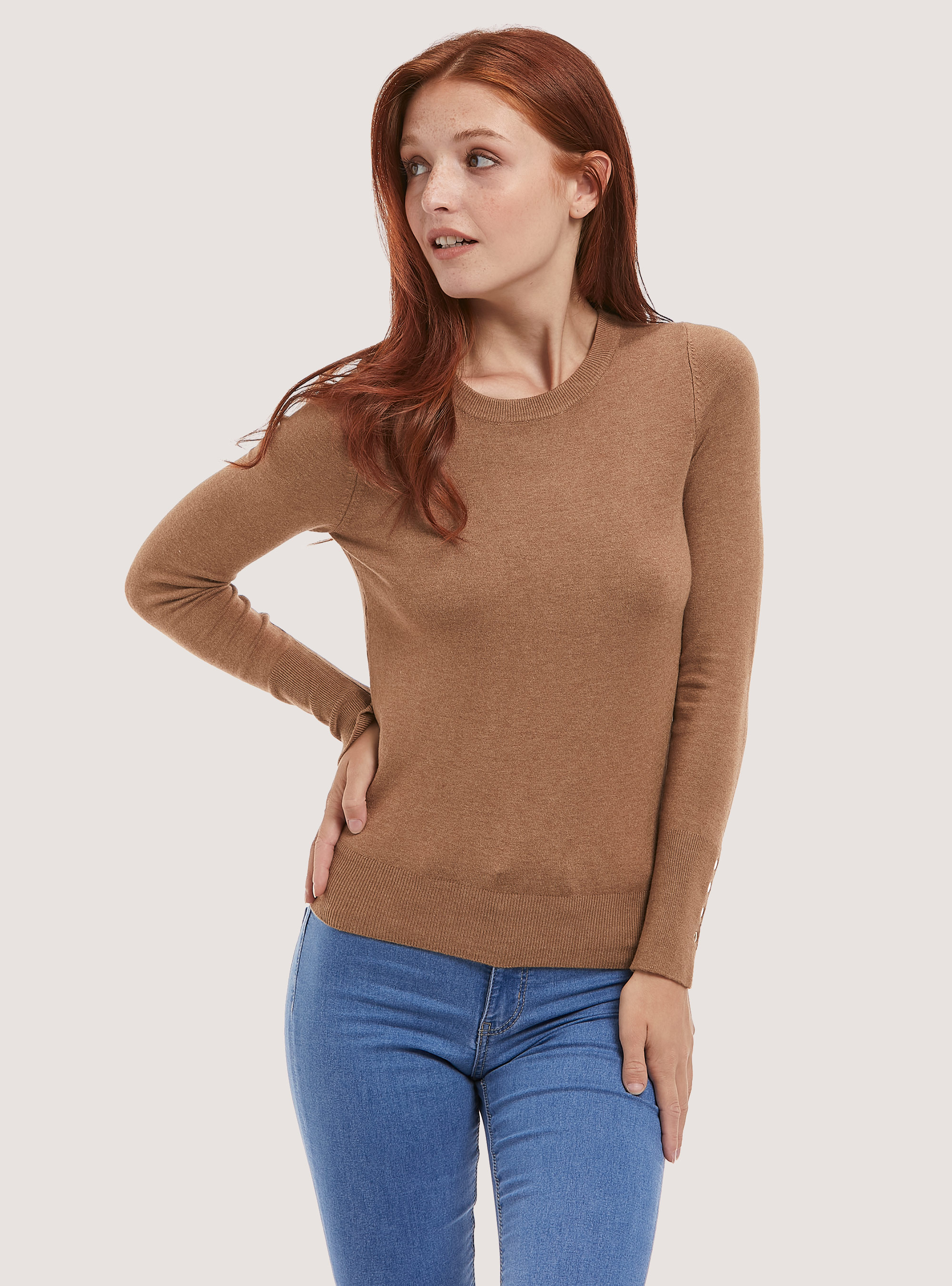 Round-neck pullover with buttons on sleeve, MBG3 BEIGE MEL LIGHT
