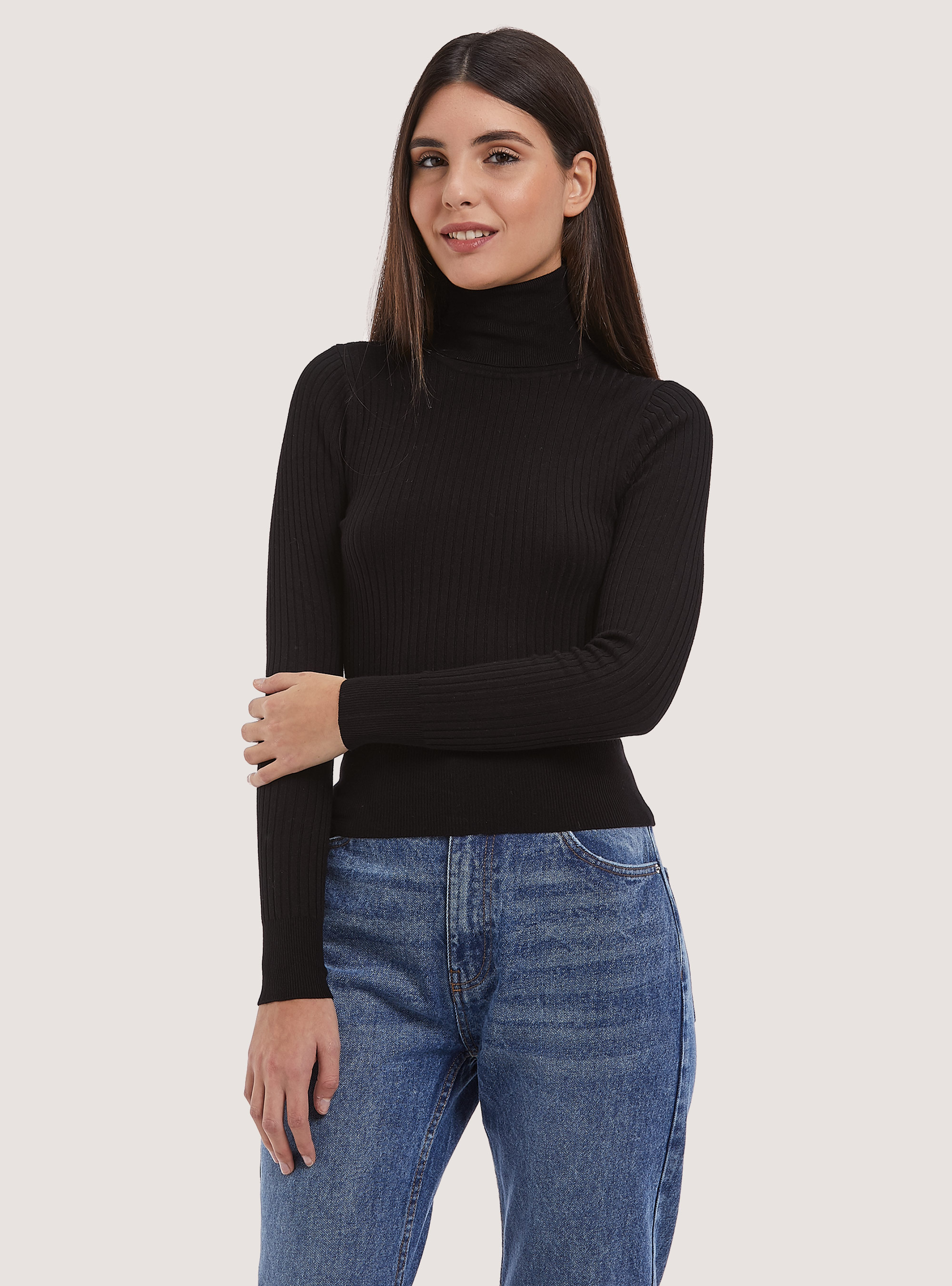 Pullover cropped a collo alto a coste, BK1 BLACK