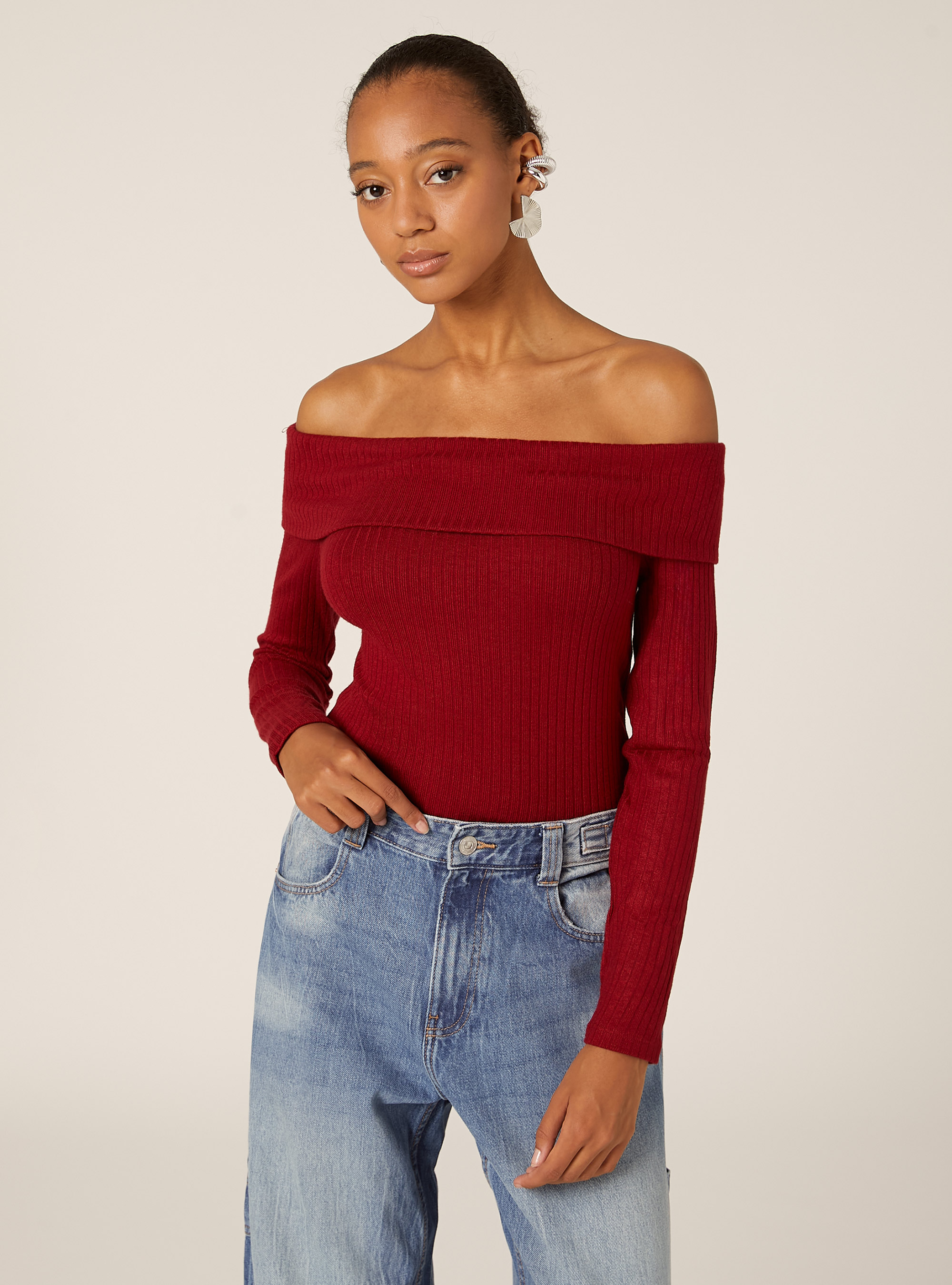 Jersey con escote bardot de canalé, BO1 BORDEAUX DARK