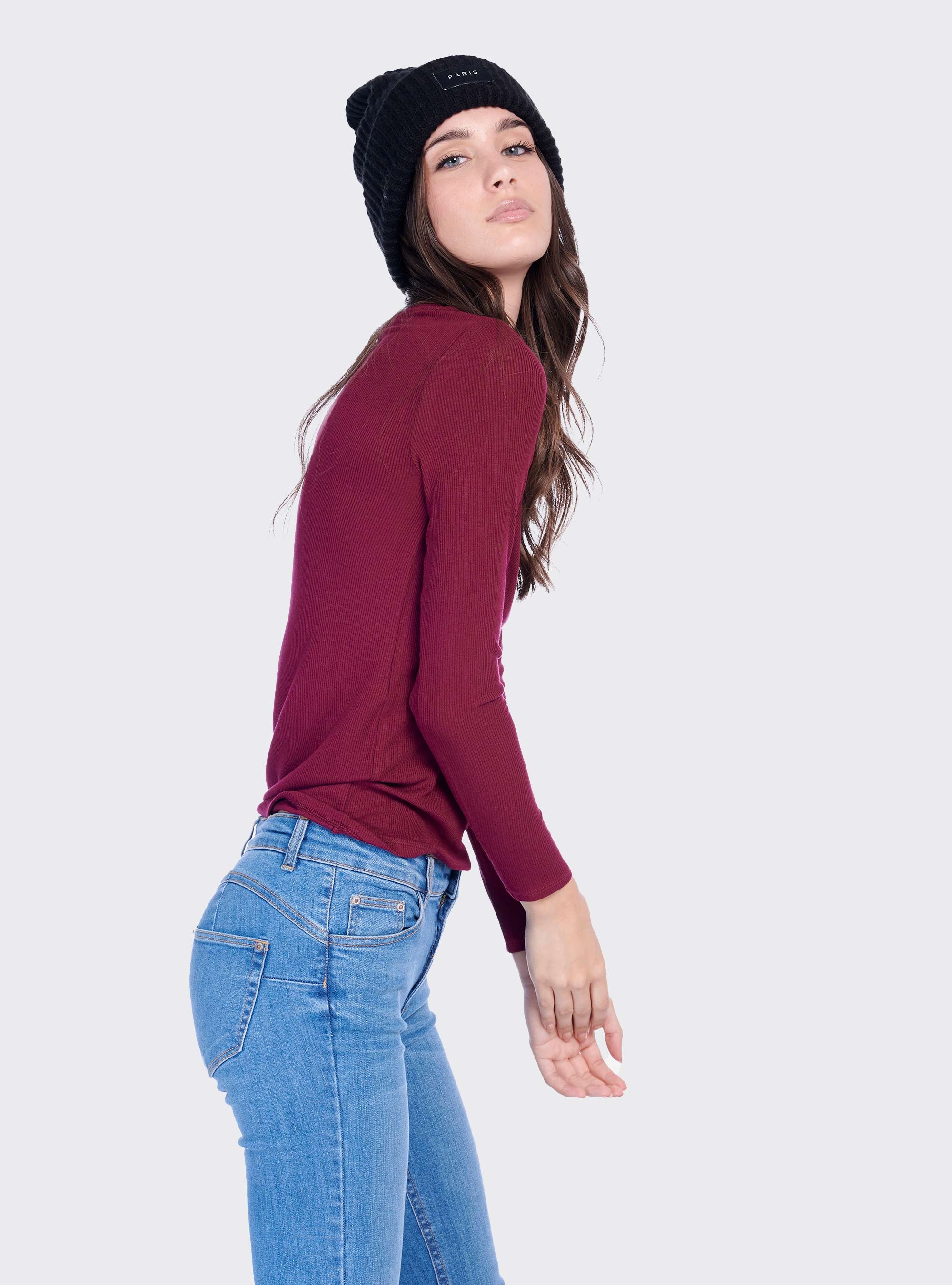 T-shirt c&ocirc;tel&eacute; &agrave; manches longues, C3319 BORDEAUX