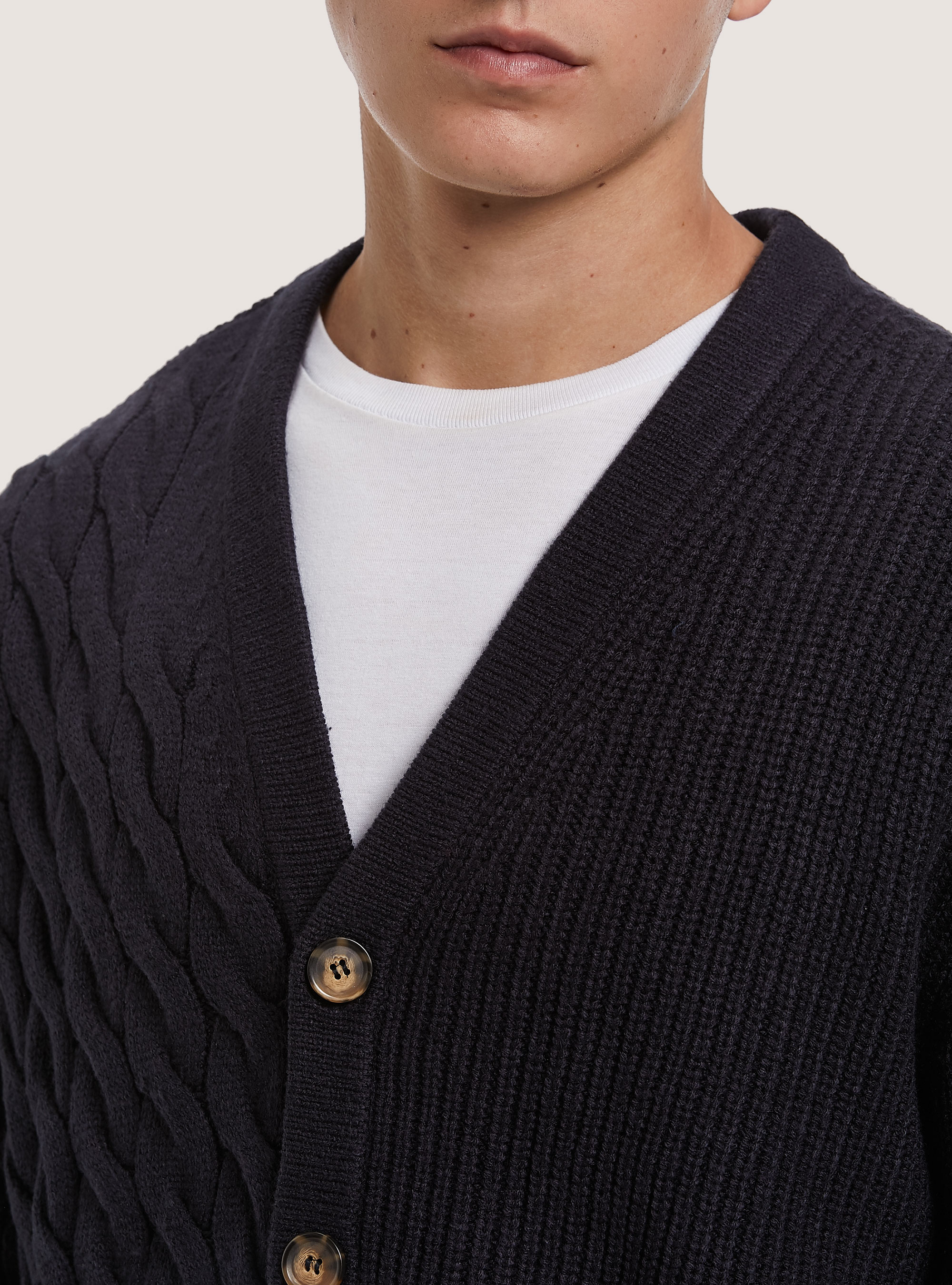 Pullover cardigan con doppia texture, NA1 NAVY DARK