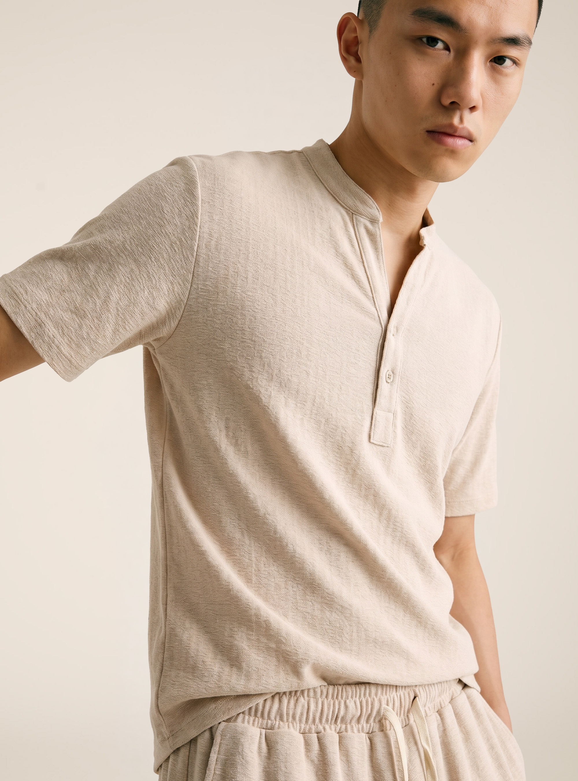 Camicia collo coreano mezza placchetta in jersey, BG3 BEIGE LIGHT