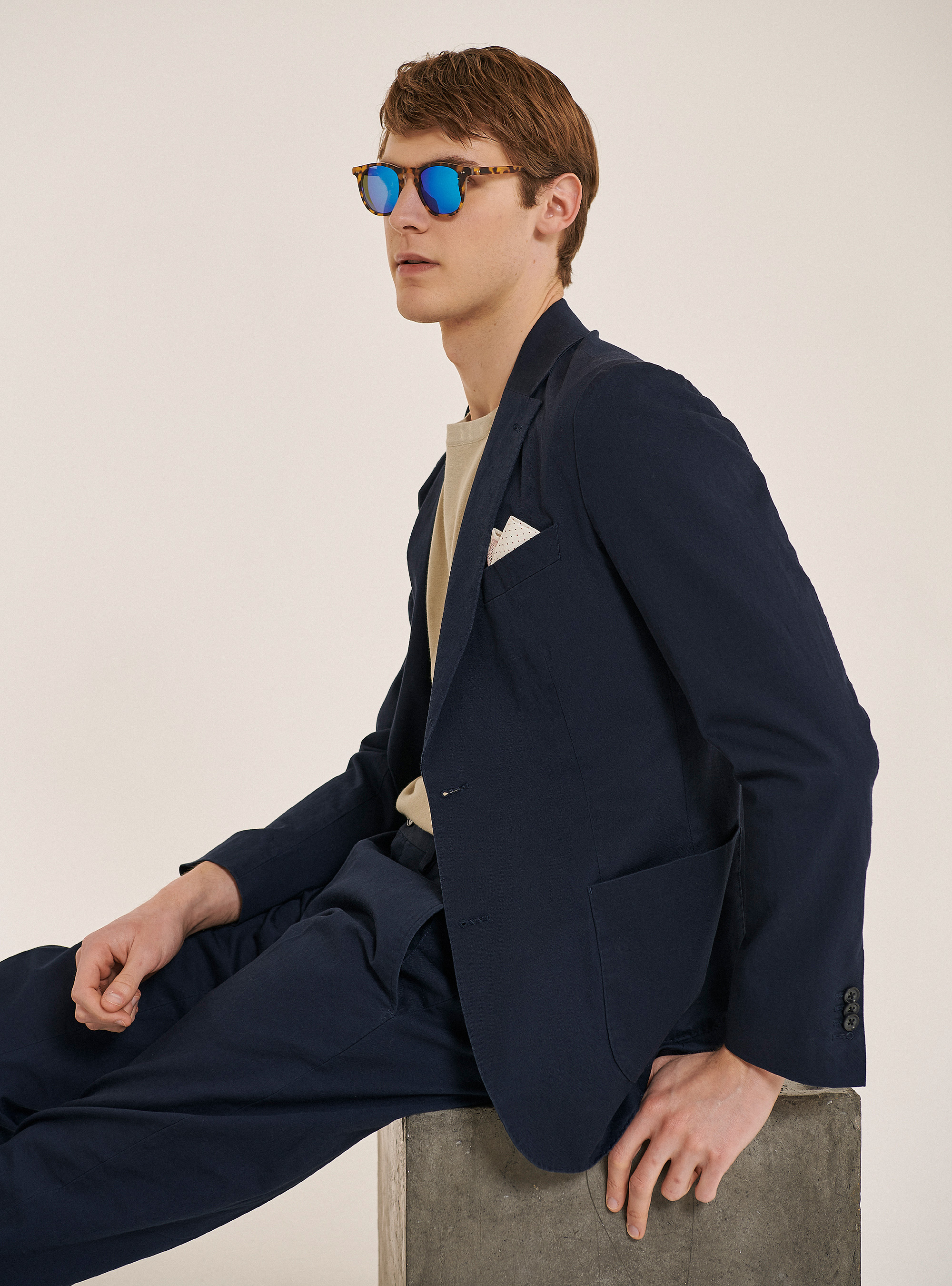 Giacca monopetto con tasca a toppa in misto lino, BLUE NAVY